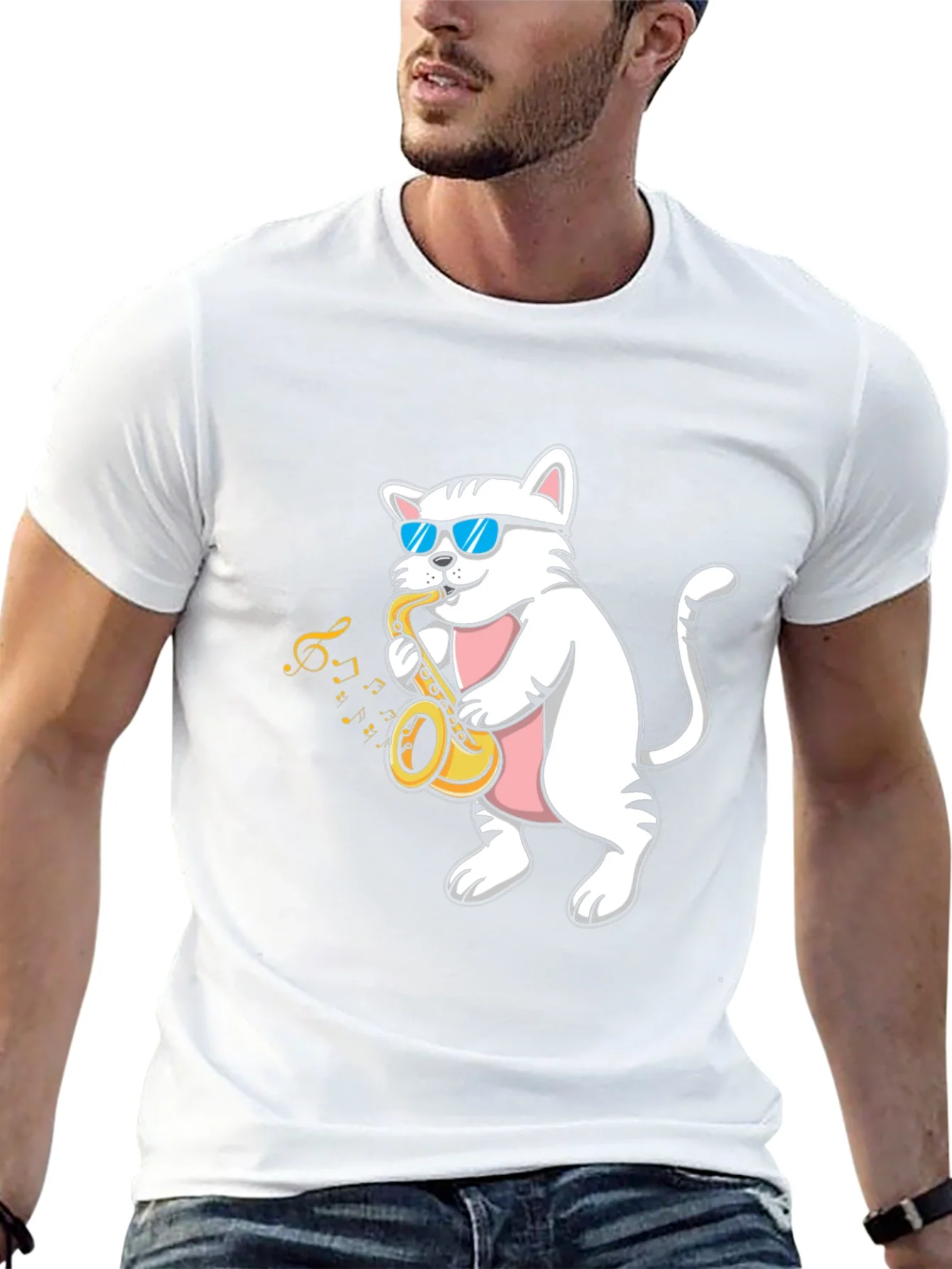 Camiseta Negra Gato M¨²sico Saxof¨®n