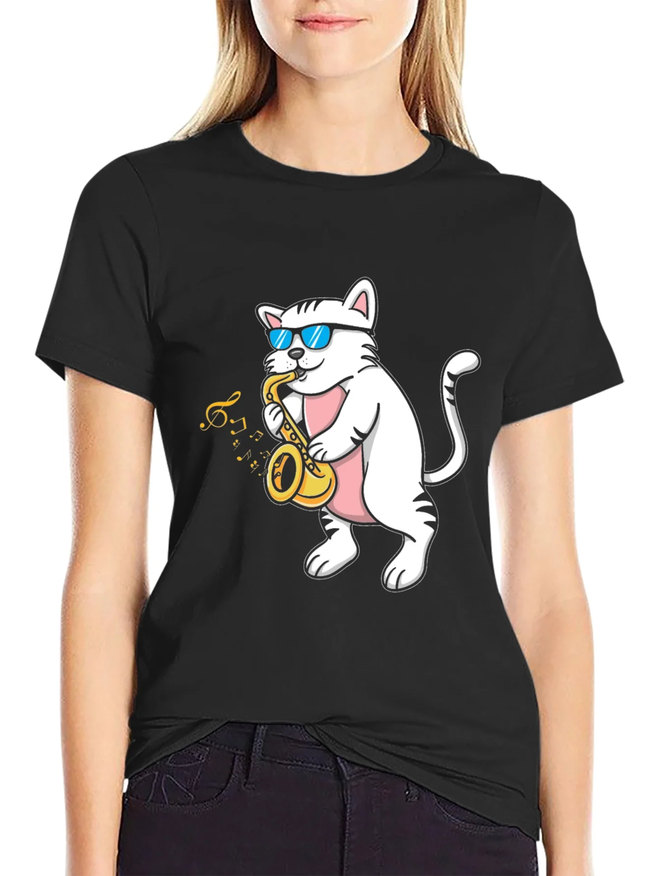 Camiseta Negra Gato M¨²sico Saxof¨®n