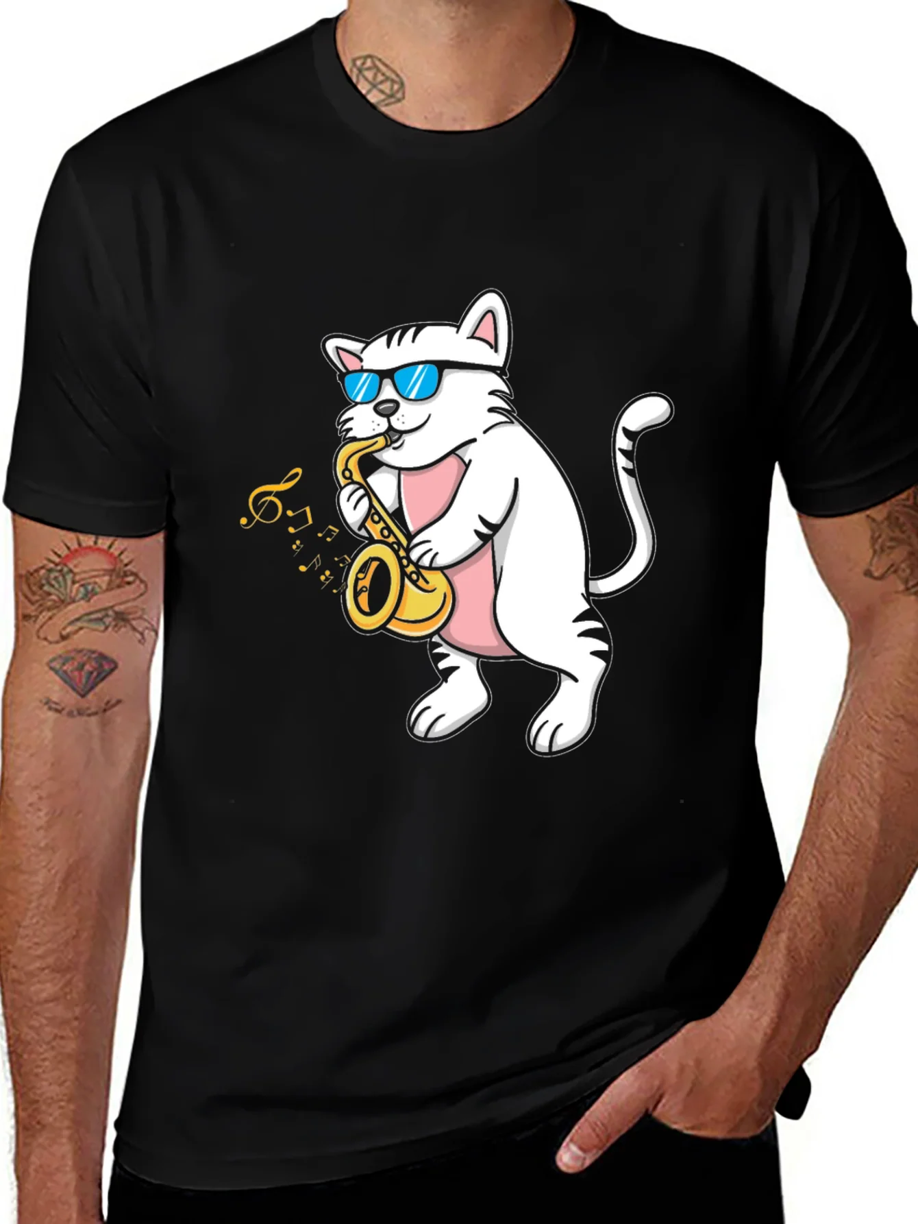 Camiseta Negra Gato M¨²sico Saxof¨®n