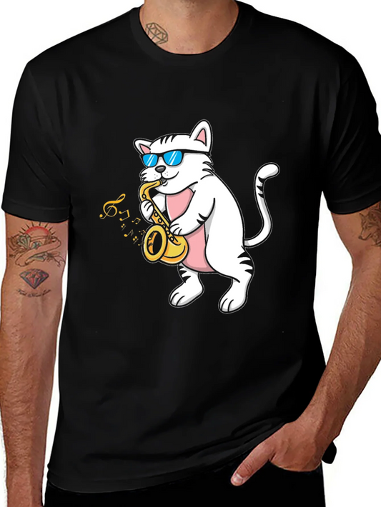Camiseta Negra Gato M¨²sico Saxof¨®n