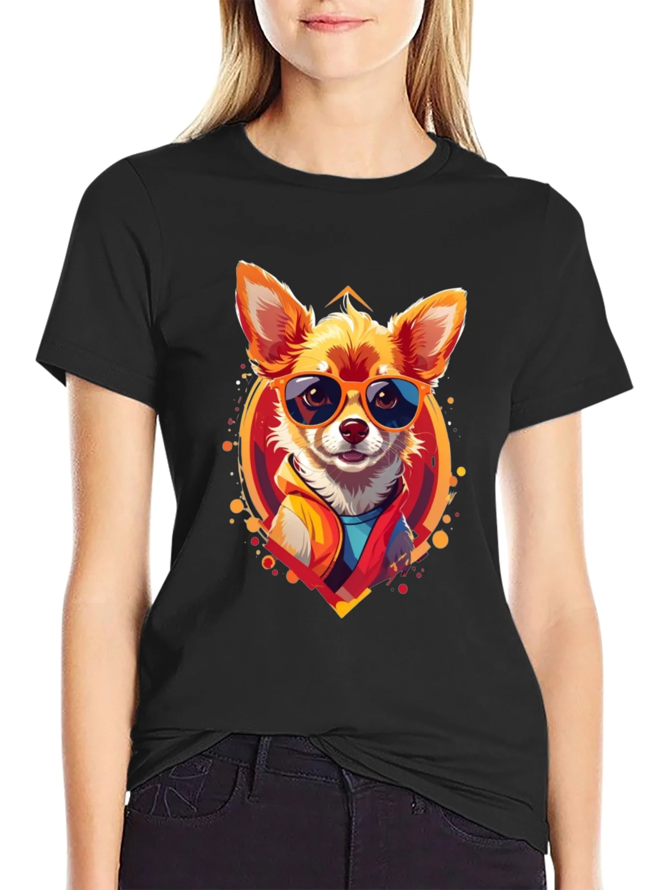 Camiseta Negra con Dise?o de Perro Chihuahua Cool