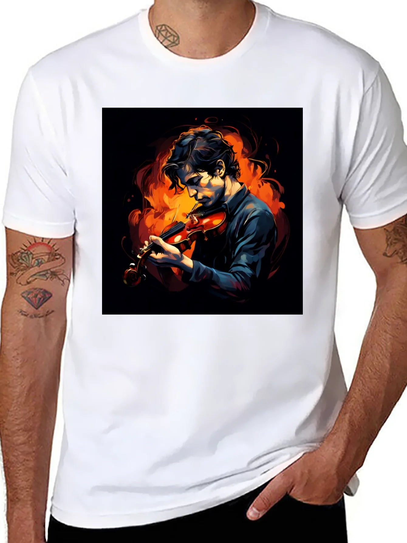 Camiseta Negra con Dise?o de M¨²sico y Fuego