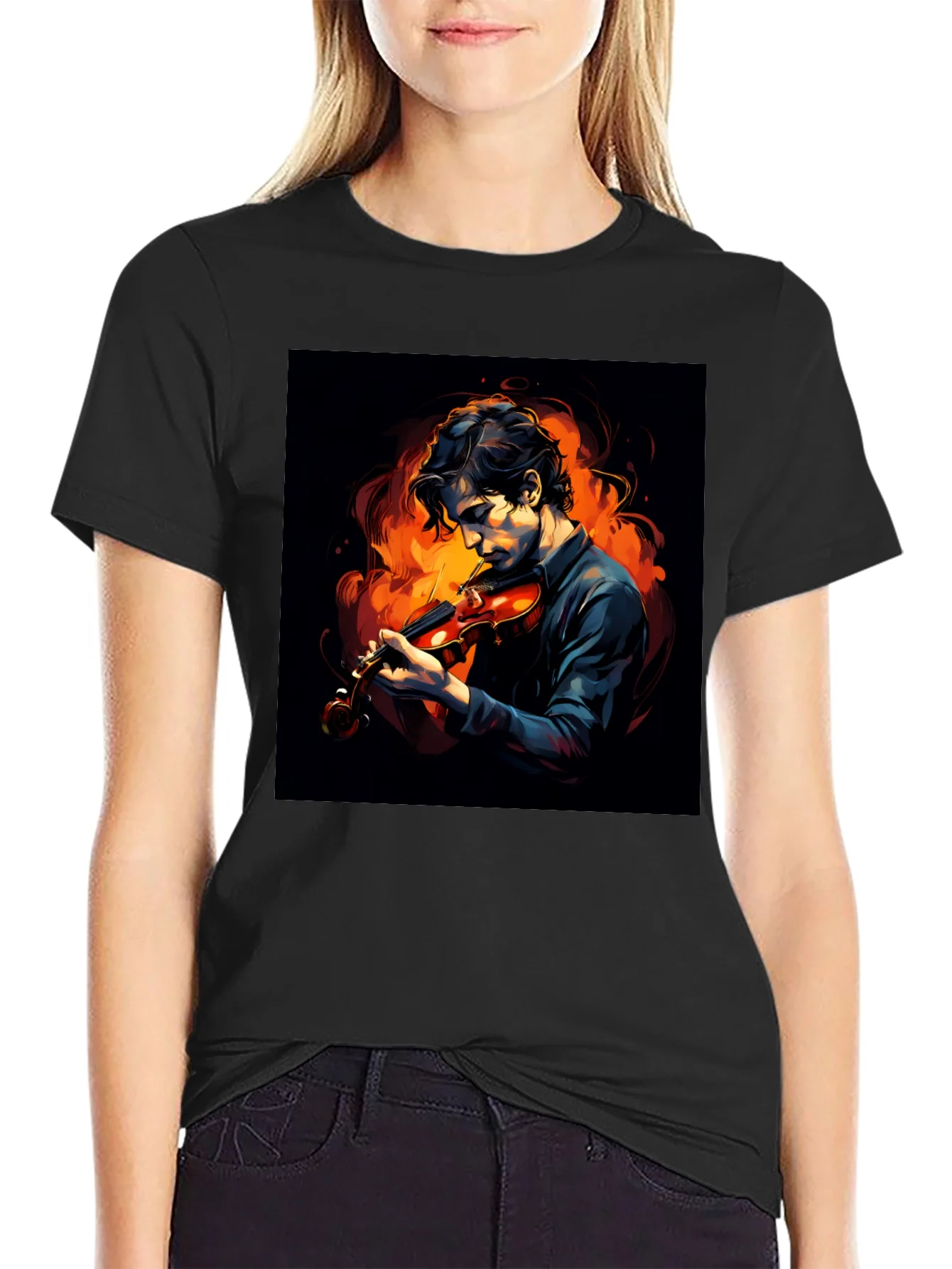 Camiseta Negra con Dise?o de M¨²sico y Fuego