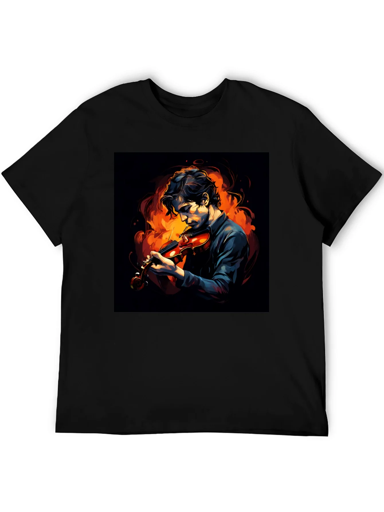 Camiseta Negra con Dise?o de M¨²sico y Fuego