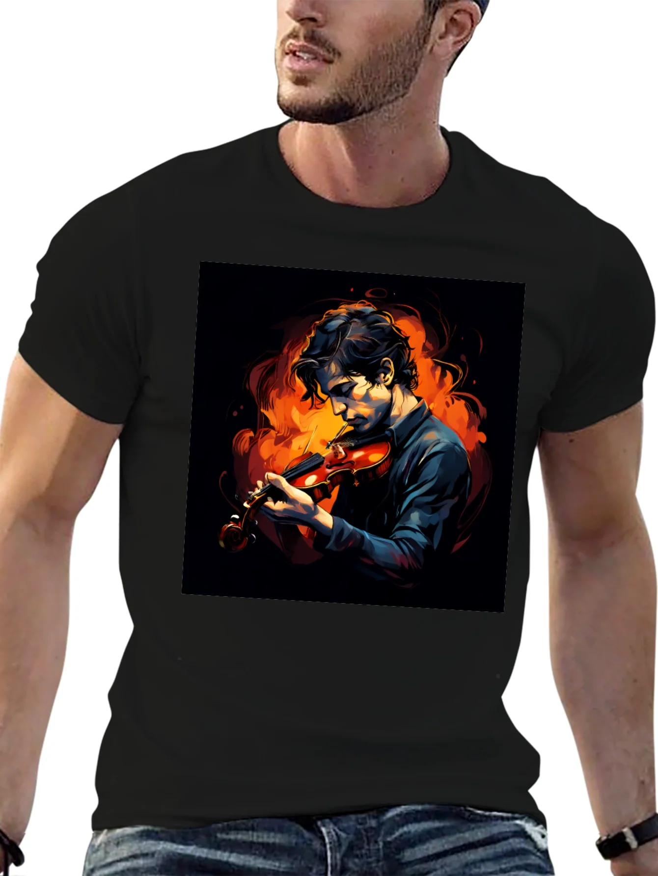 Camiseta Negra con Dise?o de M¨²sico y Fuego