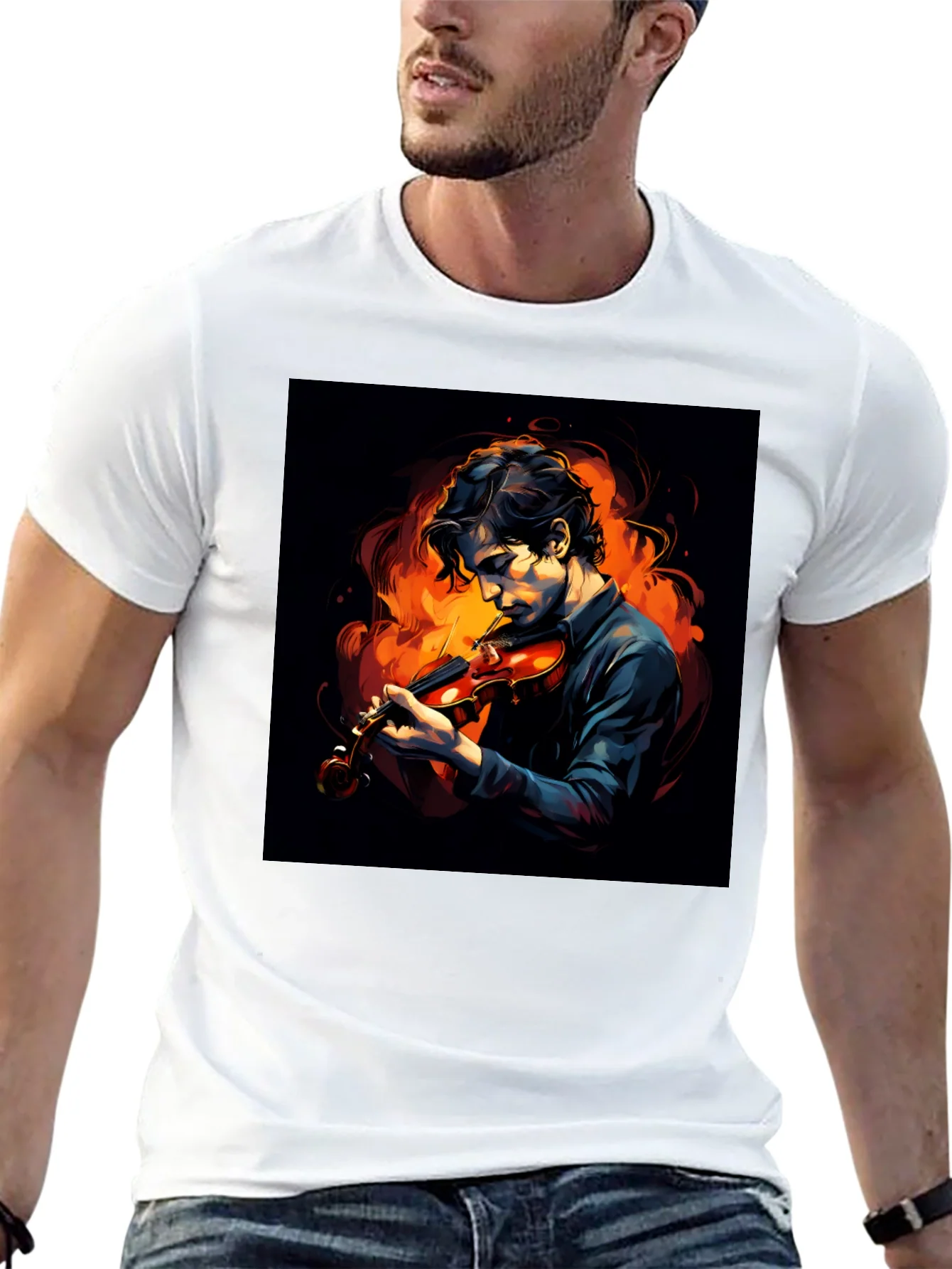Camiseta Negra con Dise?o de M¨²sico y Fuego