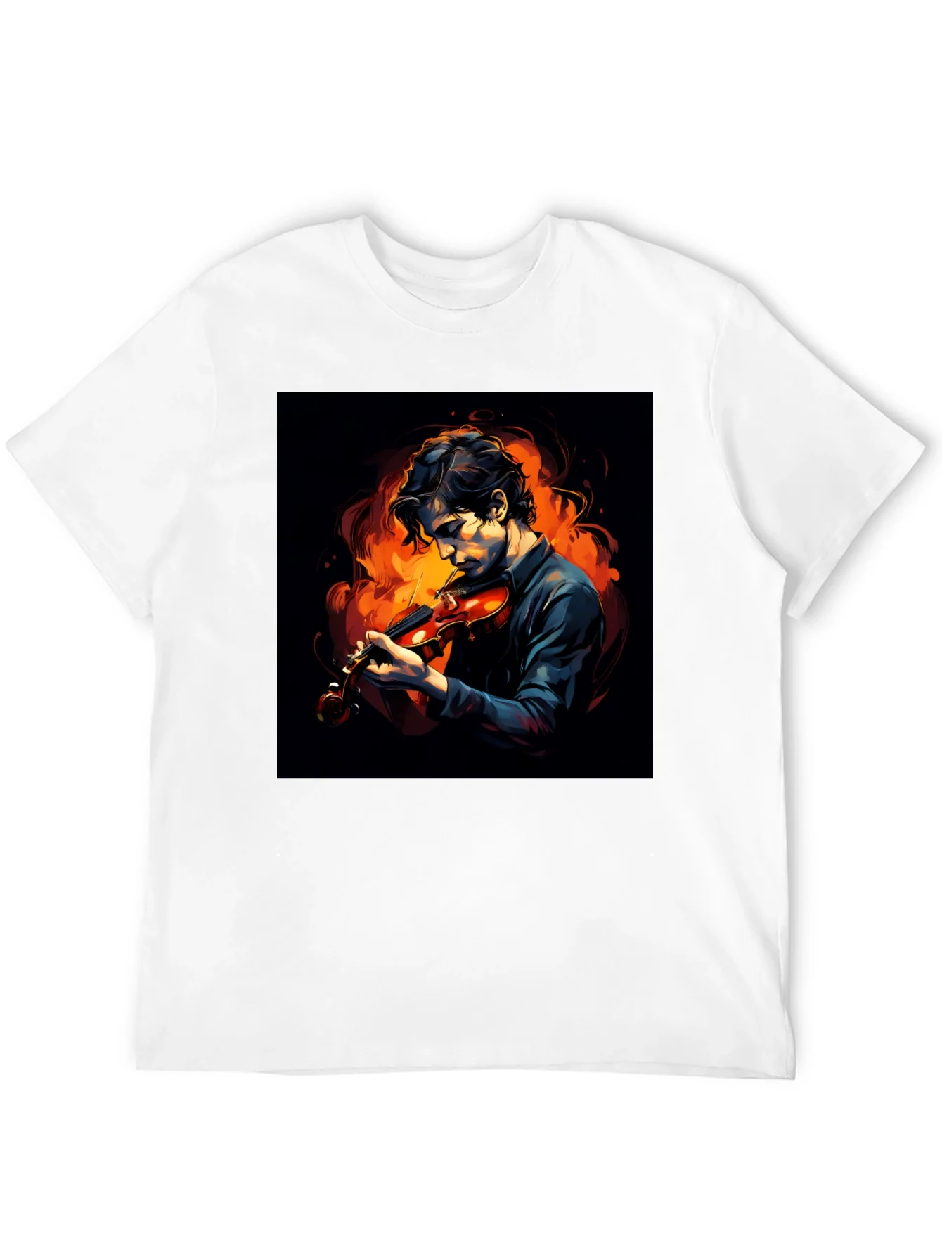 Camiseta Negra con Dise?o de M¨²sico y Fuego
