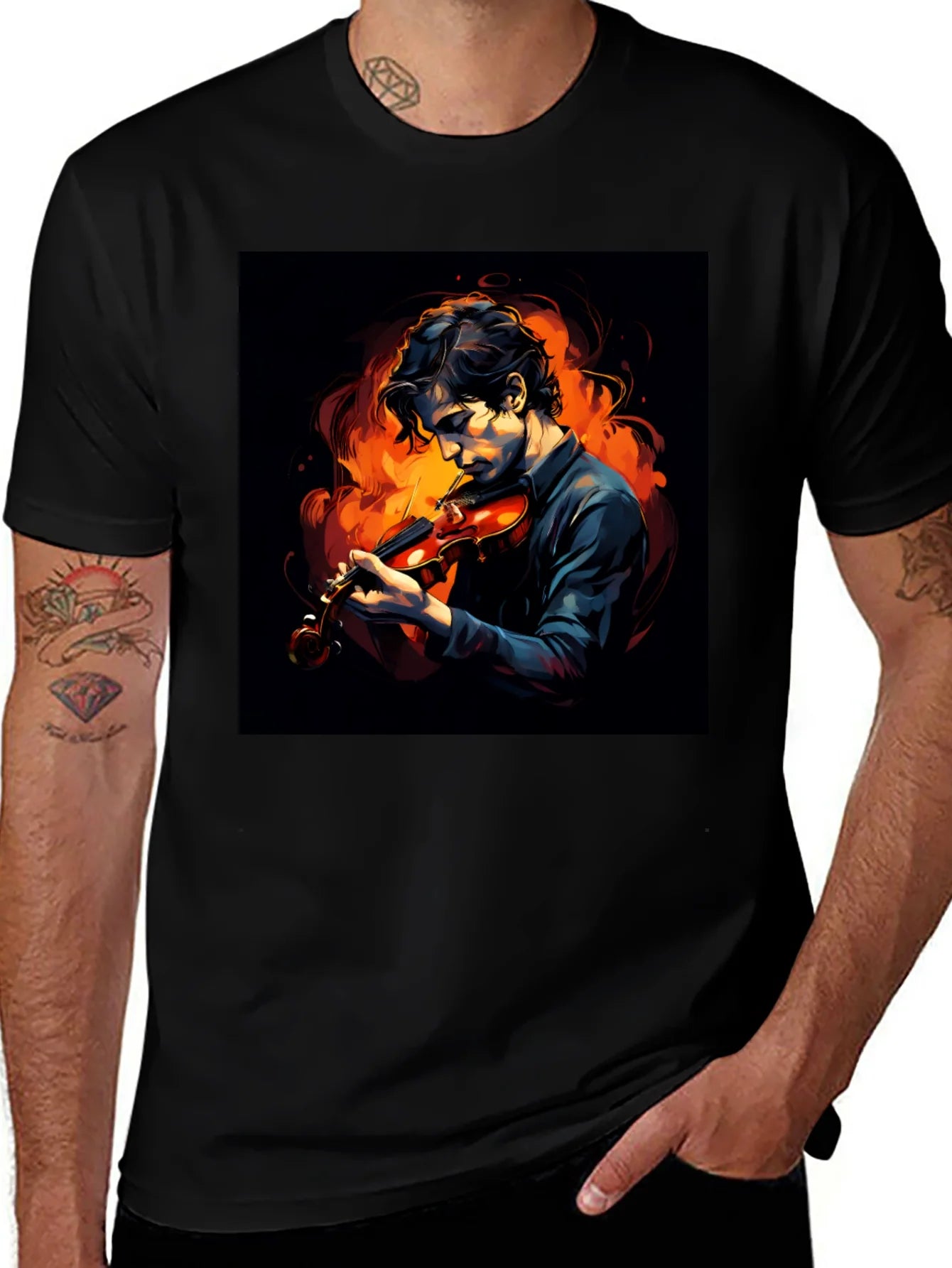 Camiseta Negra con Dise?o de M¨²sico y Fuego