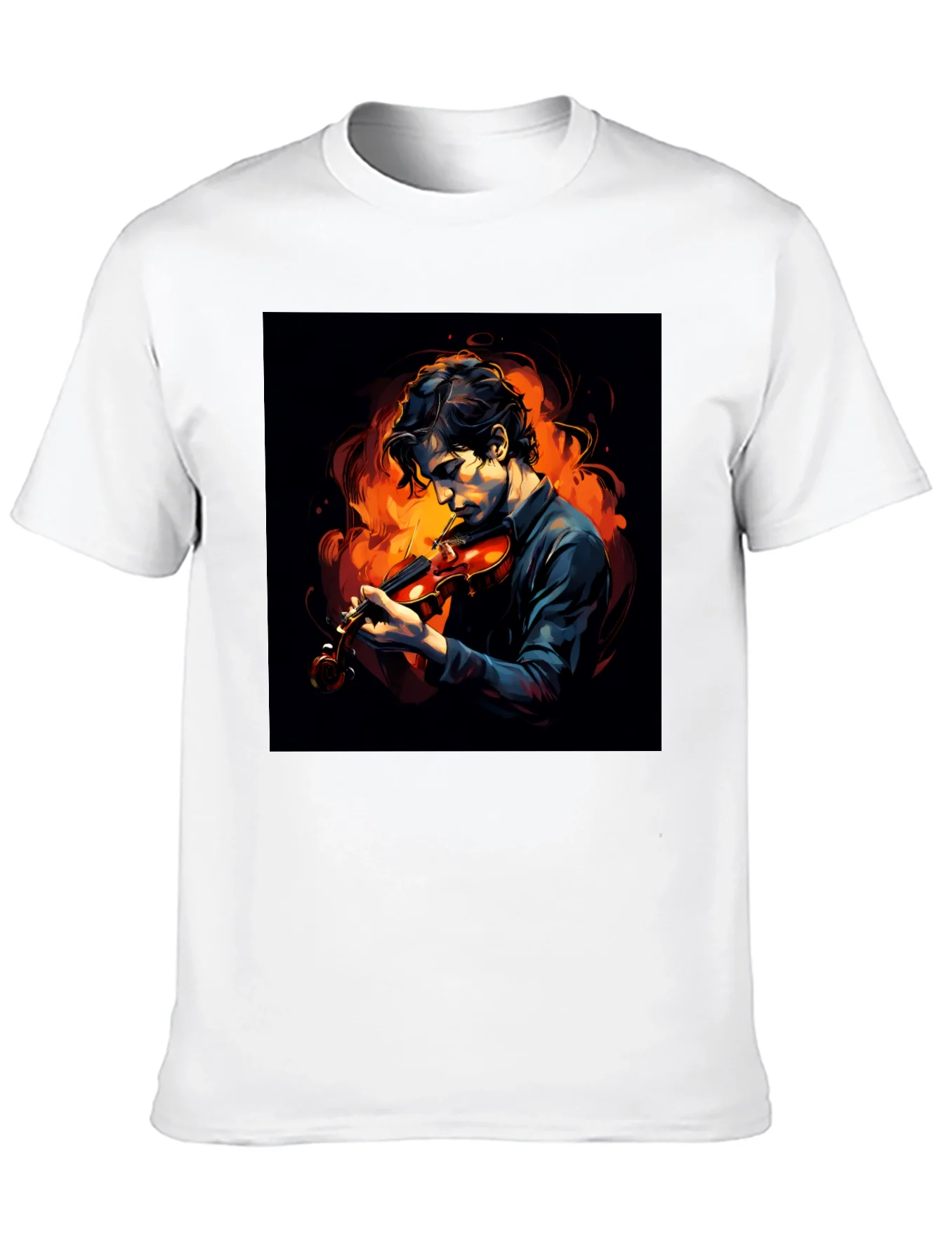 Camiseta Negra con Dise?o de M¨²sico y Fuego