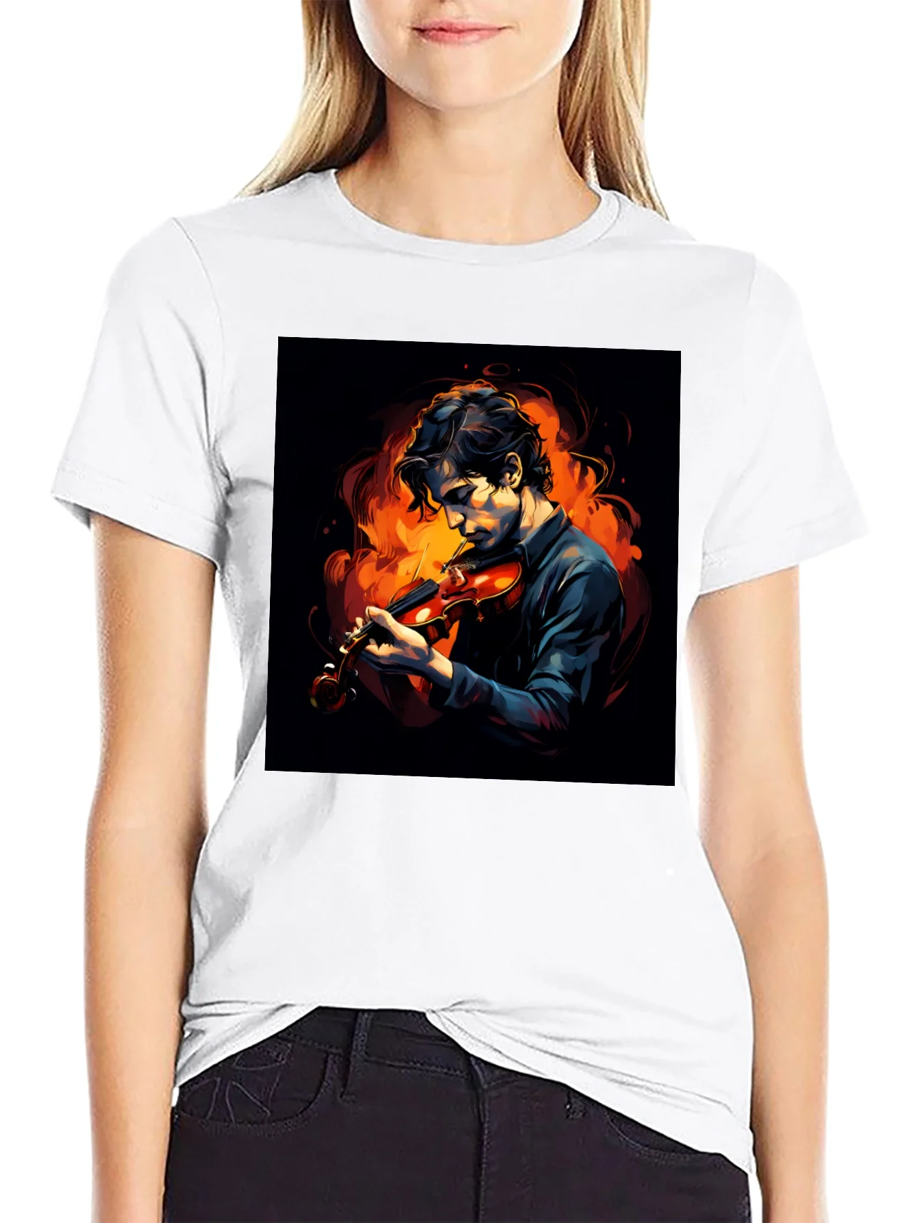 Camiseta Negra con Dise?o de M¨²sico y Fuego