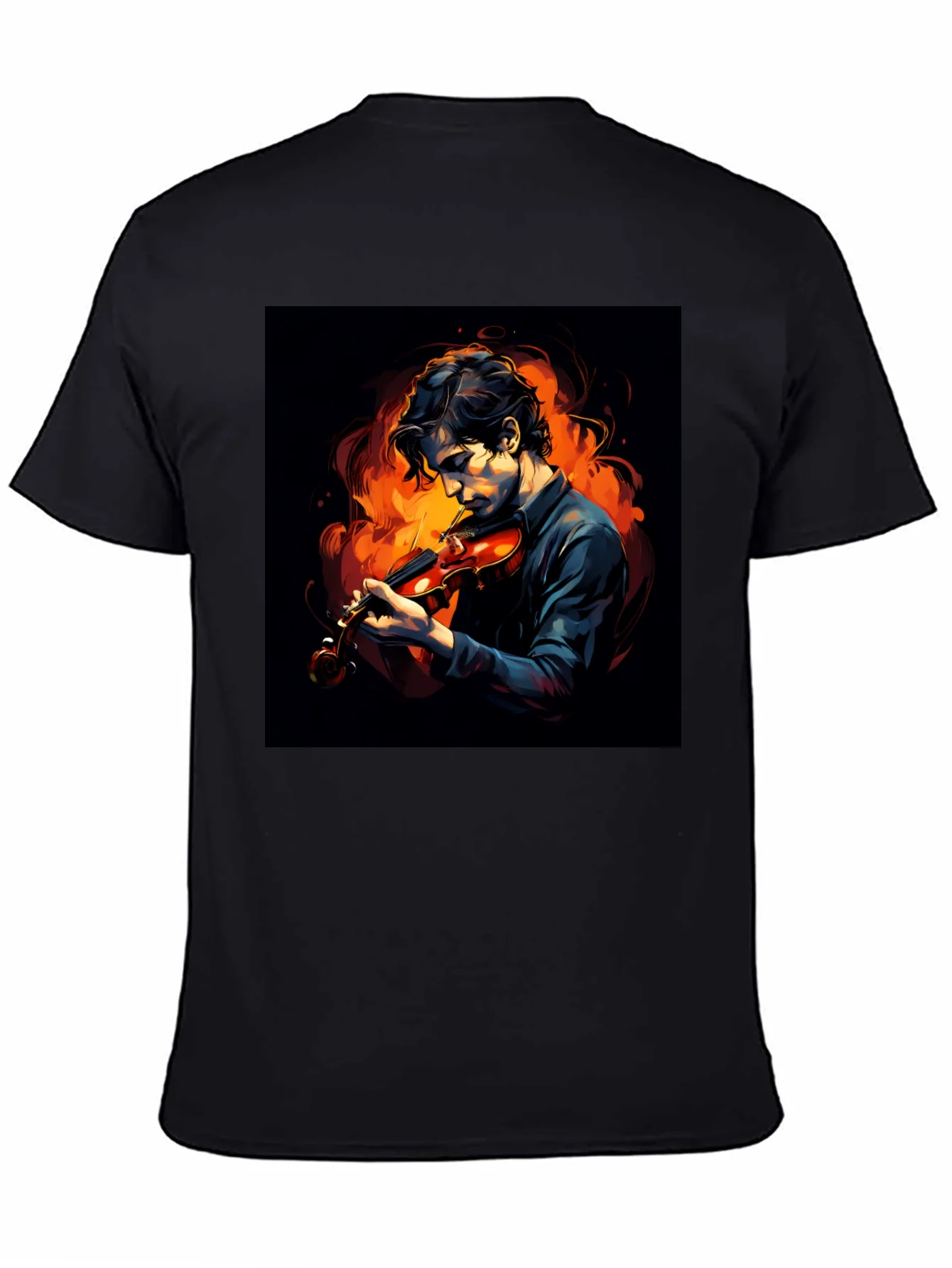 Camiseta Negra con Dise?o de M¨²sico y Fuego