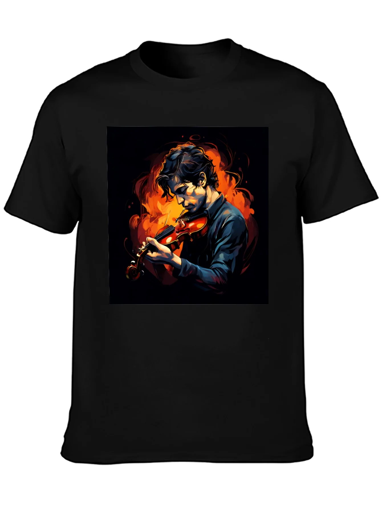Camiseta Negra con Dise?o de M¨²sico y Fuego