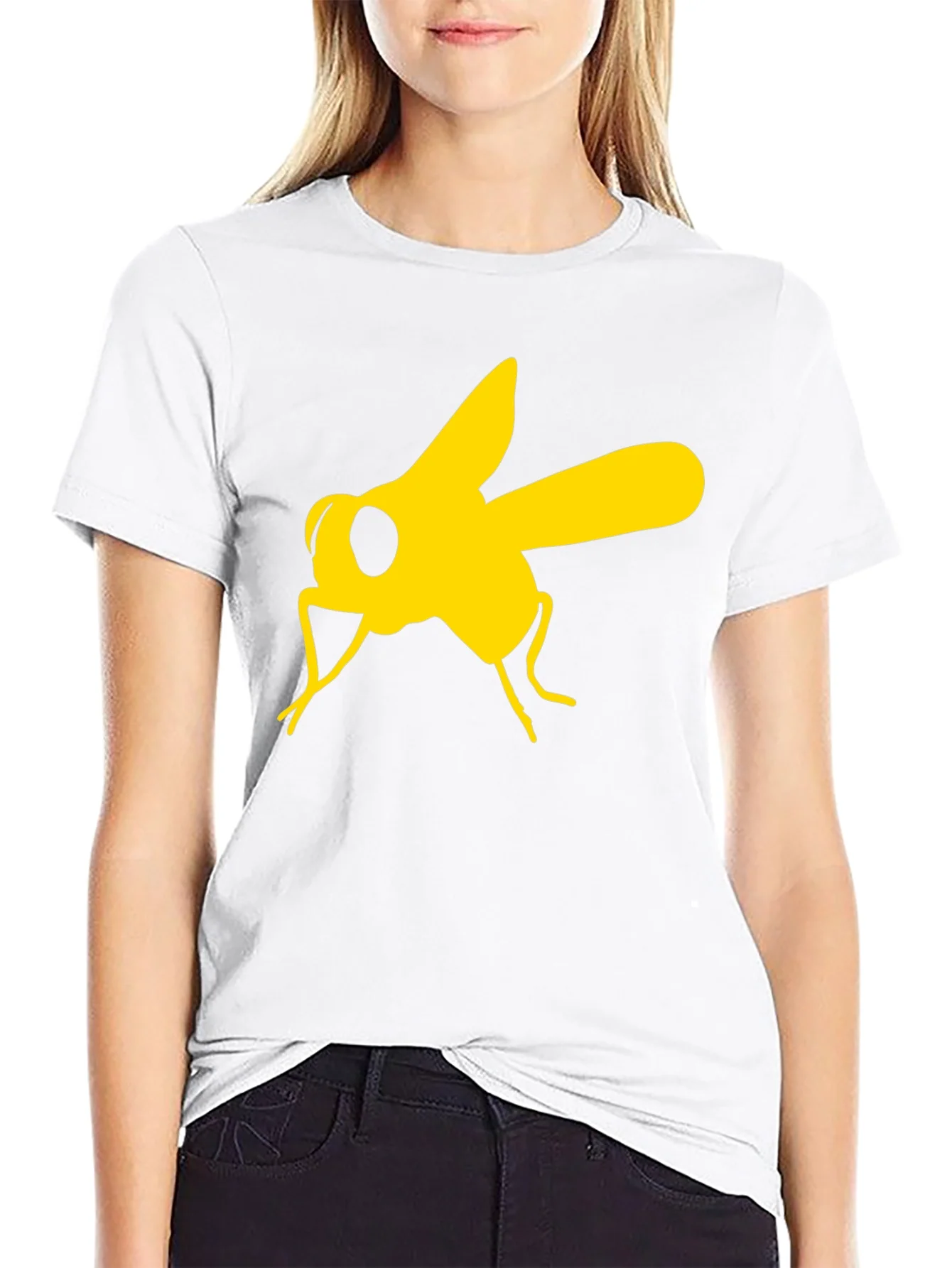 Camiseta Negra con Estampado de Mosca Amarilla