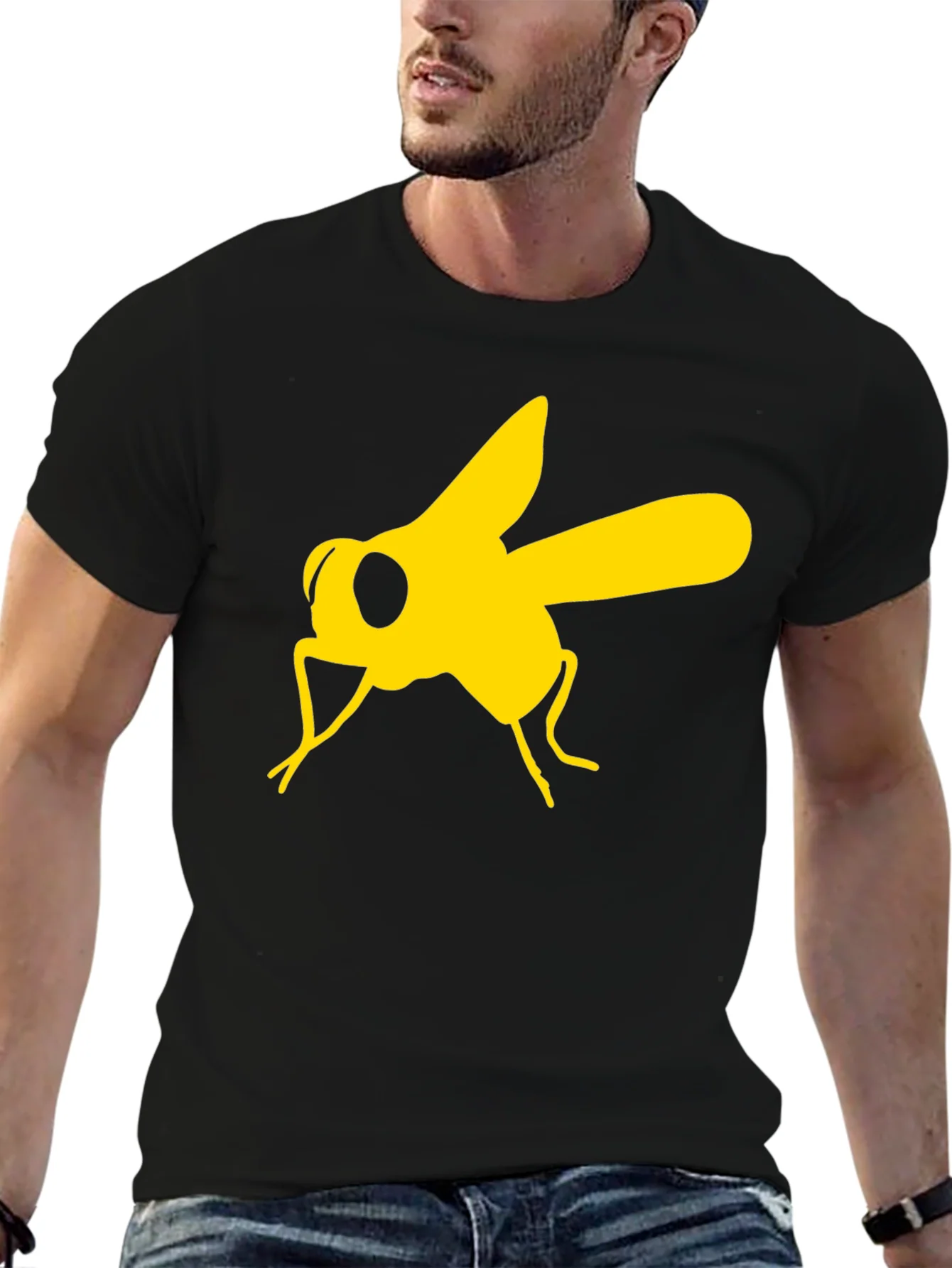 Camiseta Negra con Estampado de Mosca Amarilla