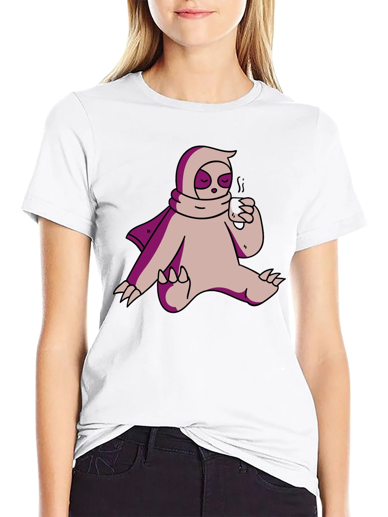 Camiseta Negra con Dise?o de Oso Perezoso Bebiendo Caf¨¦