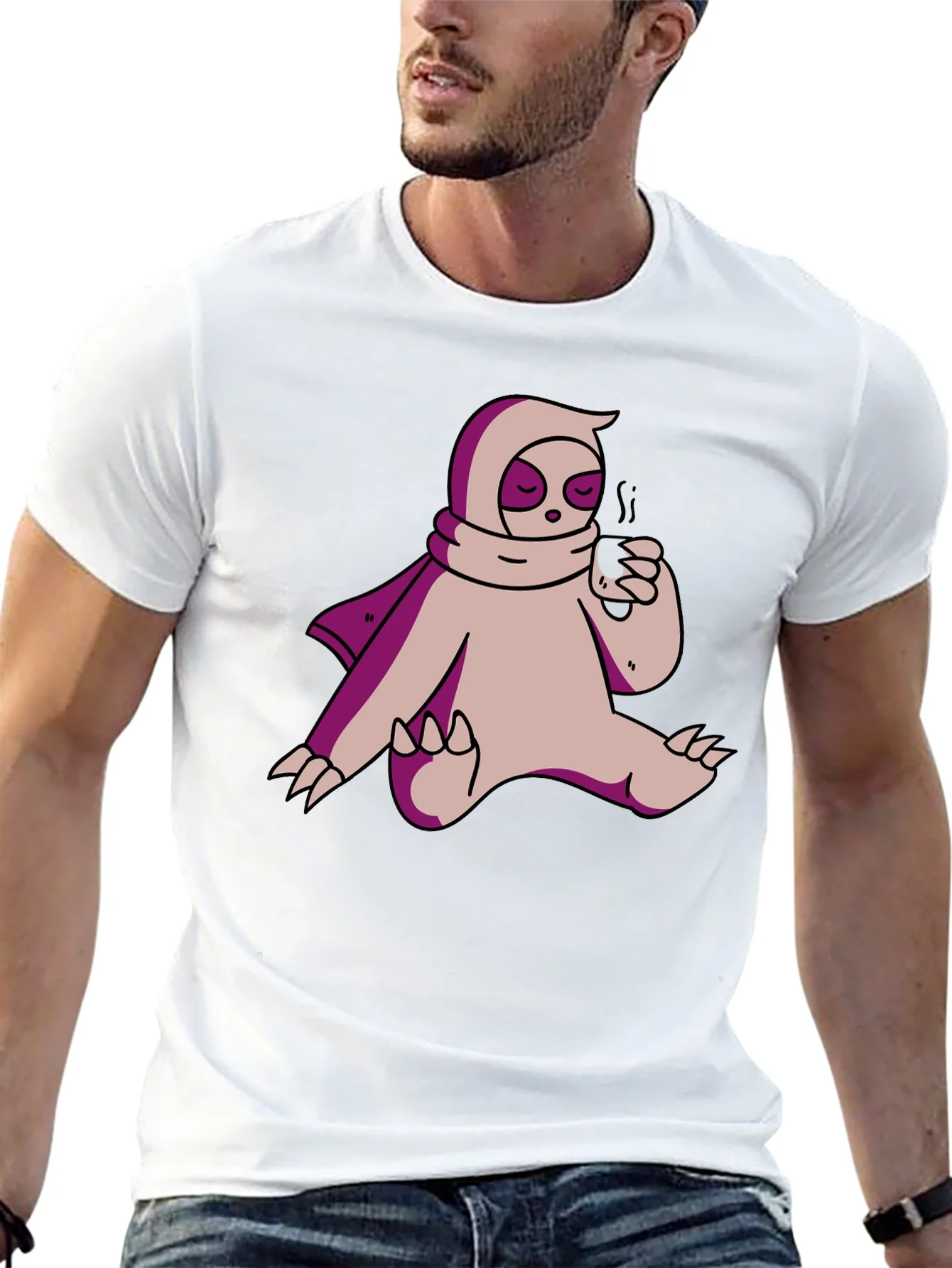 Camiseta Negra con Dise?o de Oso Perezoso Bebiendo Caf¨¦
