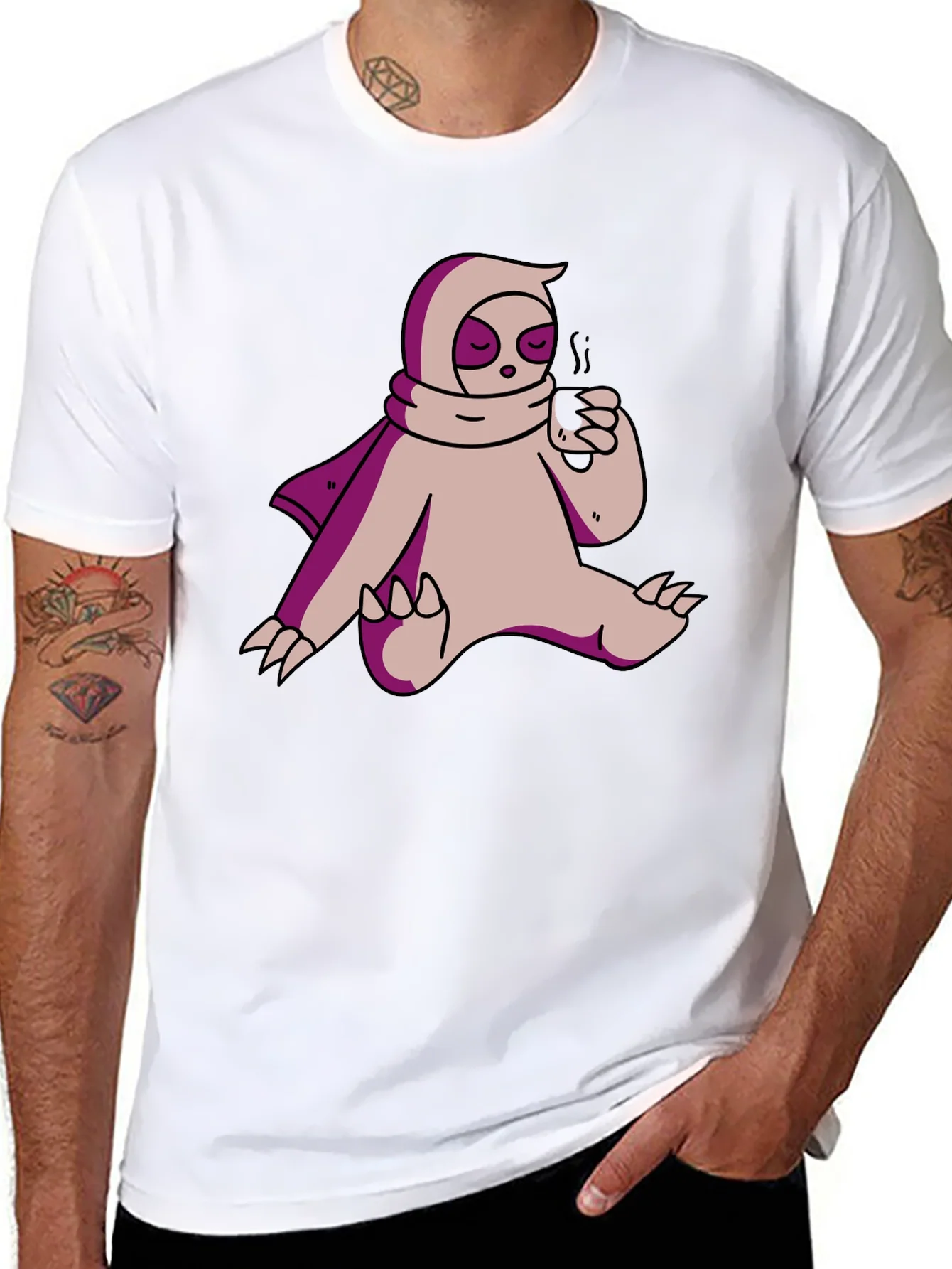 Camiseta Negra con Dise?o de Oso Perezoso Bebiendo Caf¨¦
