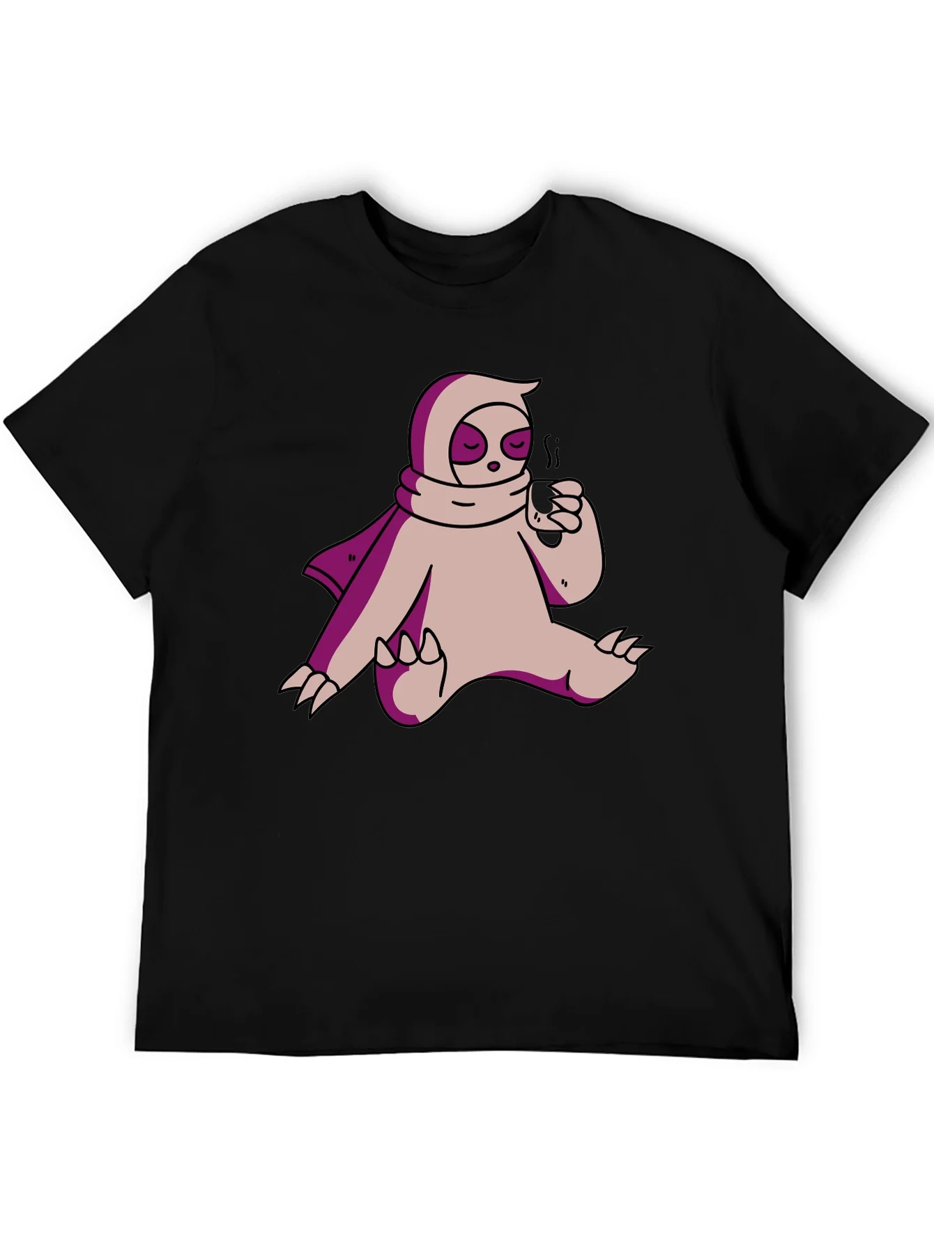 Camiseta Negra con Dise?o de Oso Perezoso Bebiendo Caf¨¦