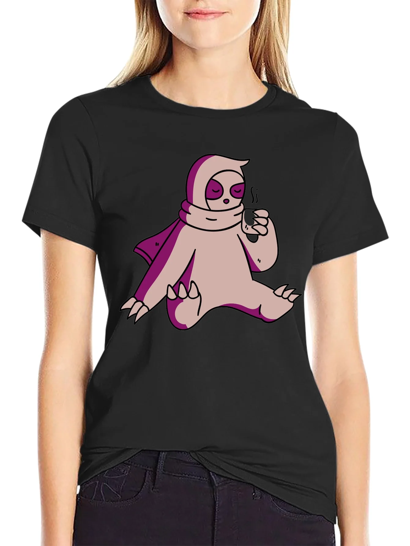 Camiseta Negra con Dise?o de Oso Perezoso Bebiendo Caf¨¦