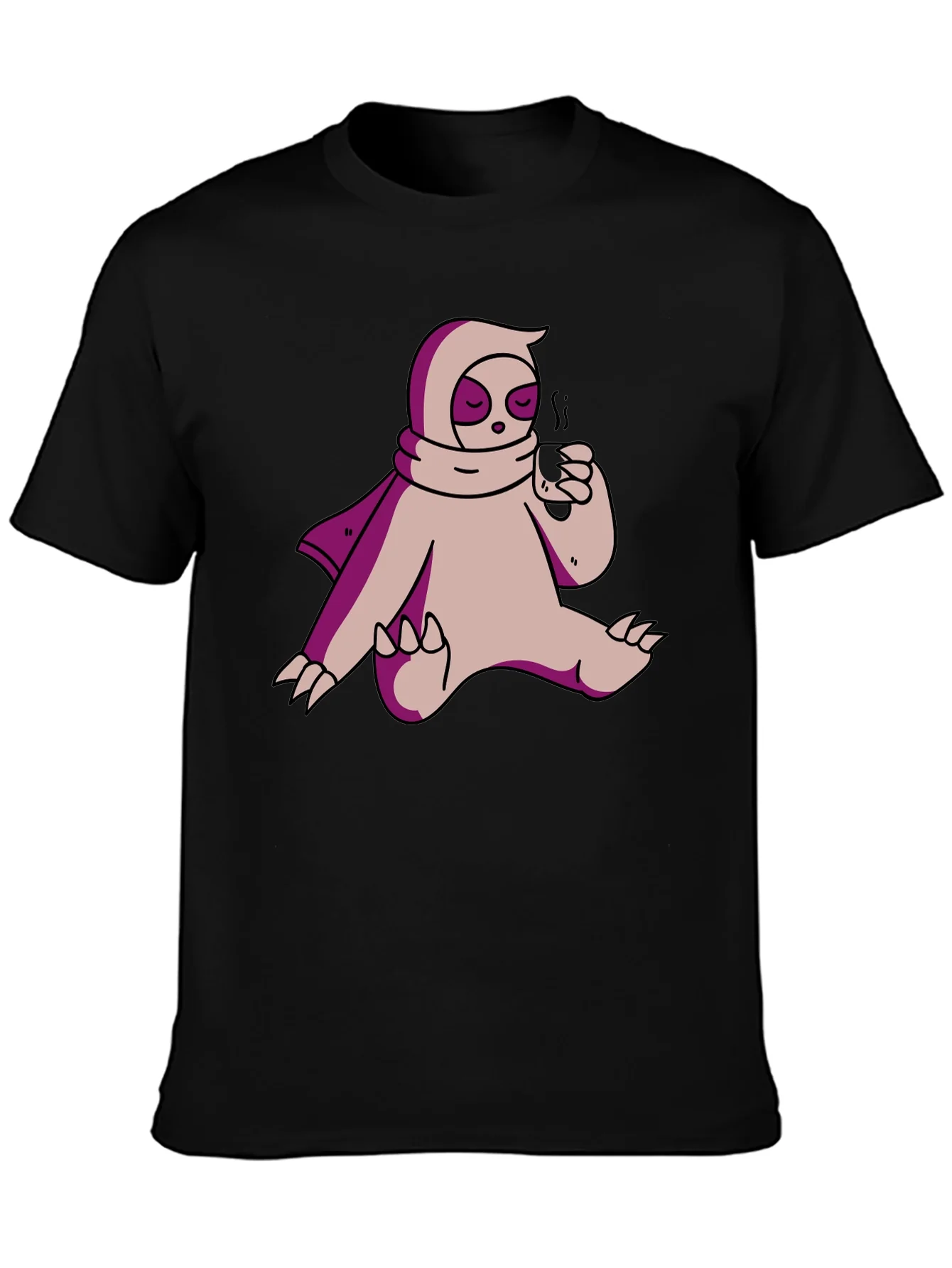 Camiseta Negra con Dise?o de Oso Perezoso Bebiendo Caf¨¦