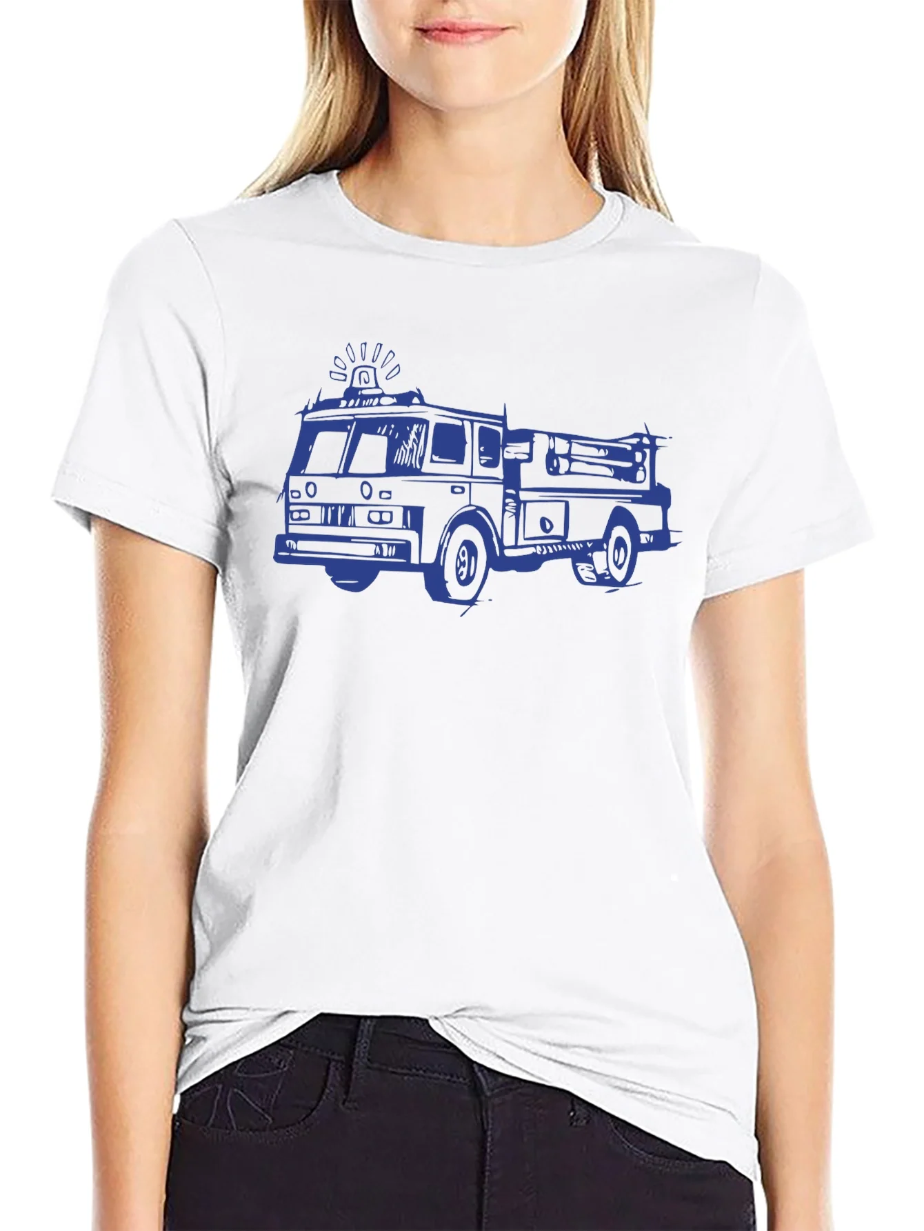 Camiseta Negra con Dibujo de Cami¨®n de Bomberos Azul