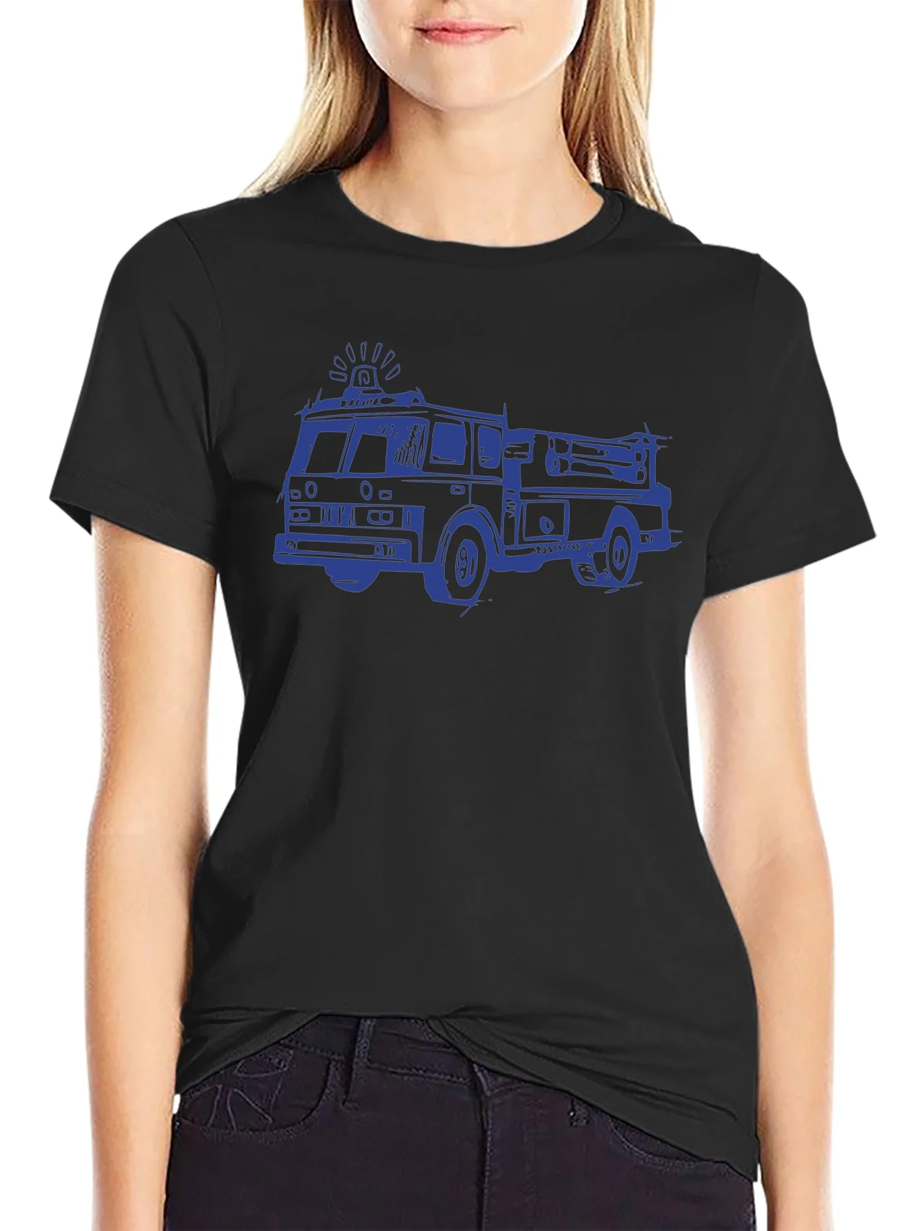 Camiseta Negra con Dibujo de Cami¨®n de Bomberos Azul