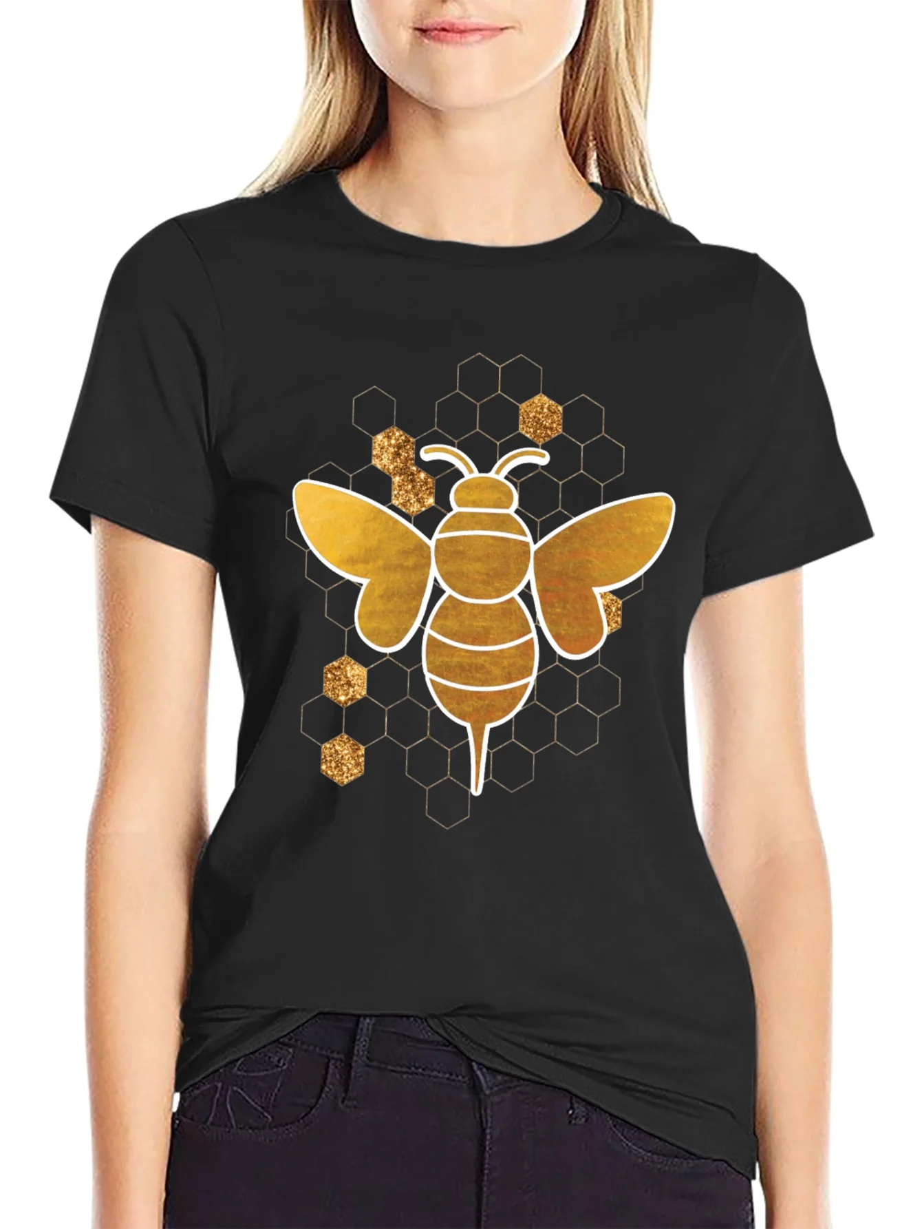 Camiseta Negra Abeja Dorada Dise?o Panal Hombre