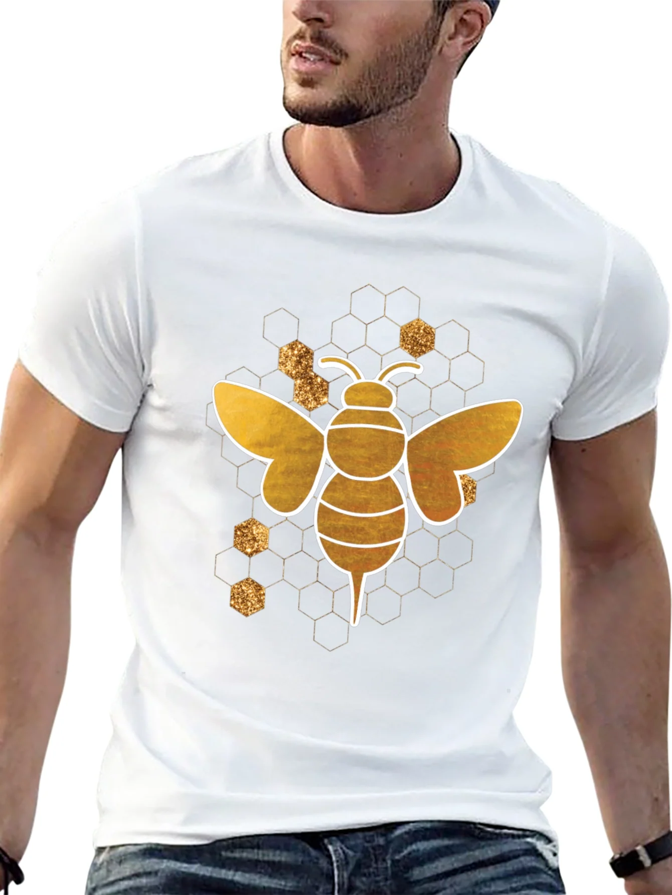 Camiseta Negra Abeja Dorada Dise?o Panal Hombre