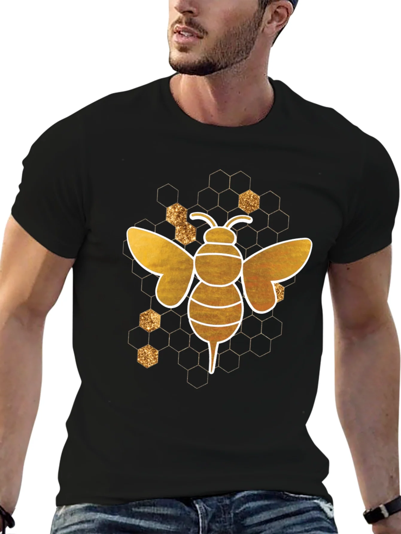 Camiseta Negra Abeja Dorada Dise?o Panal Hombre