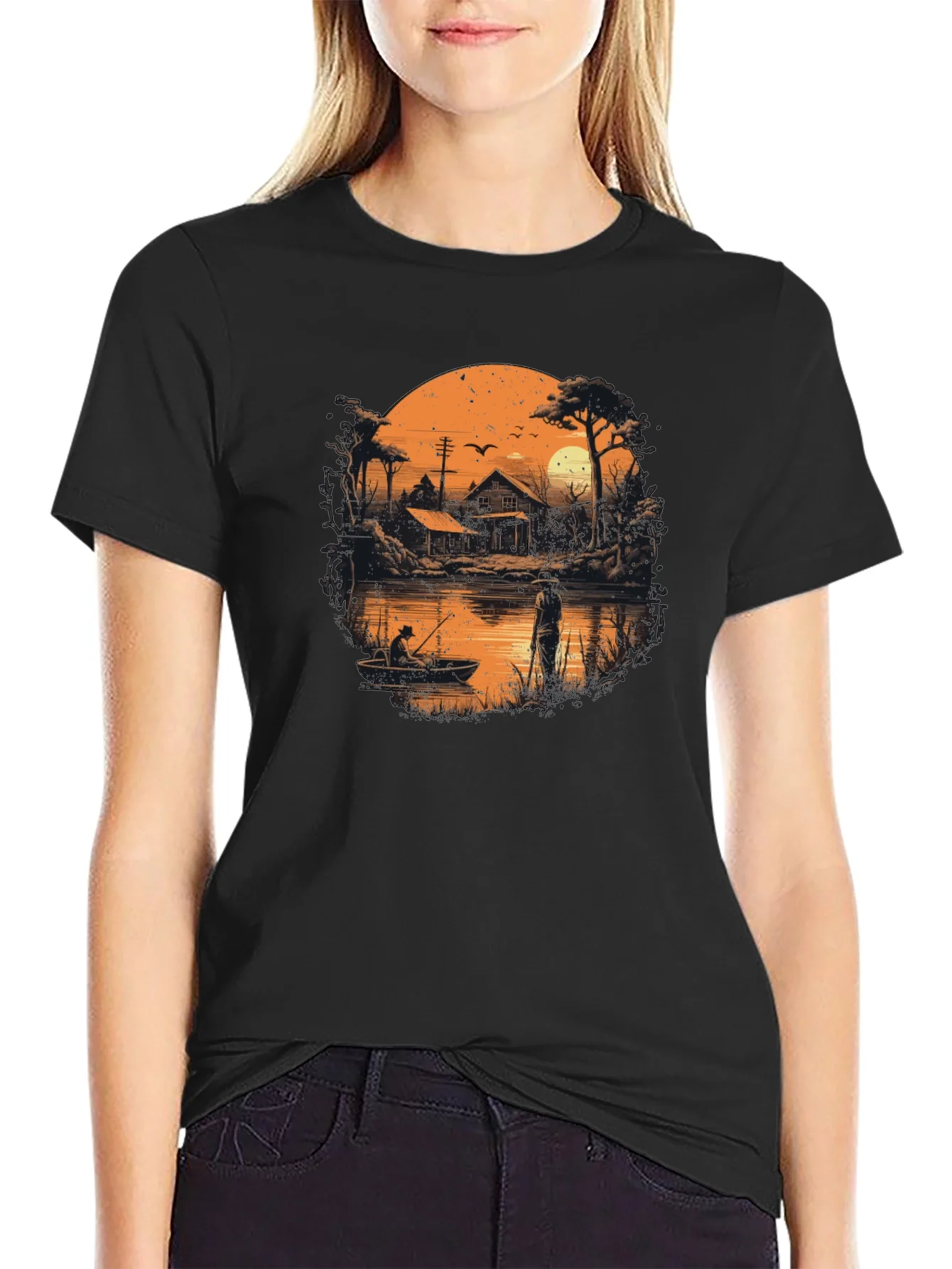Rebbecca Fishing at Sunset Graphic T-Shirt