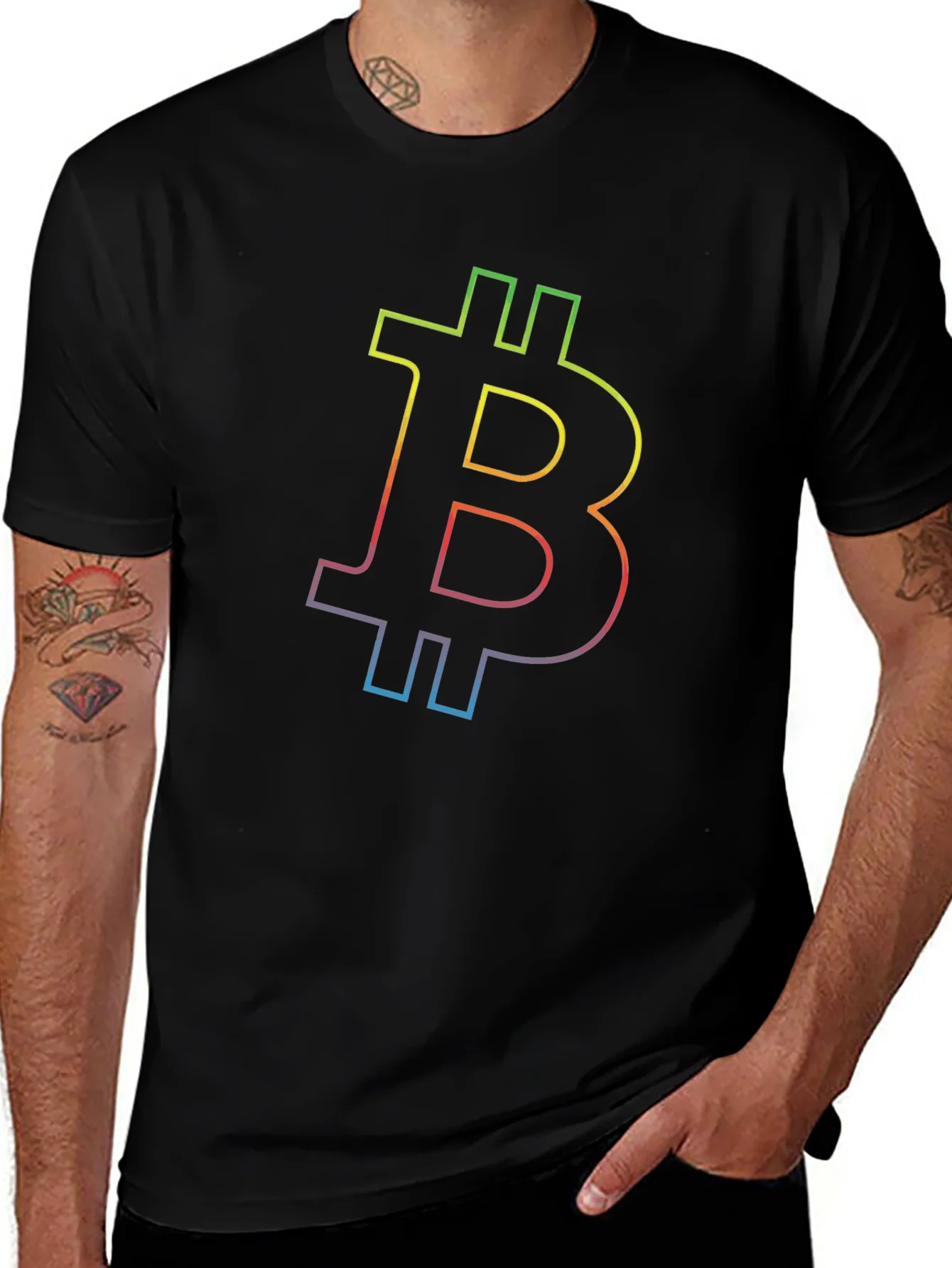 Rebbecca Bitcoin Rainbow Outline Black T-Shirt