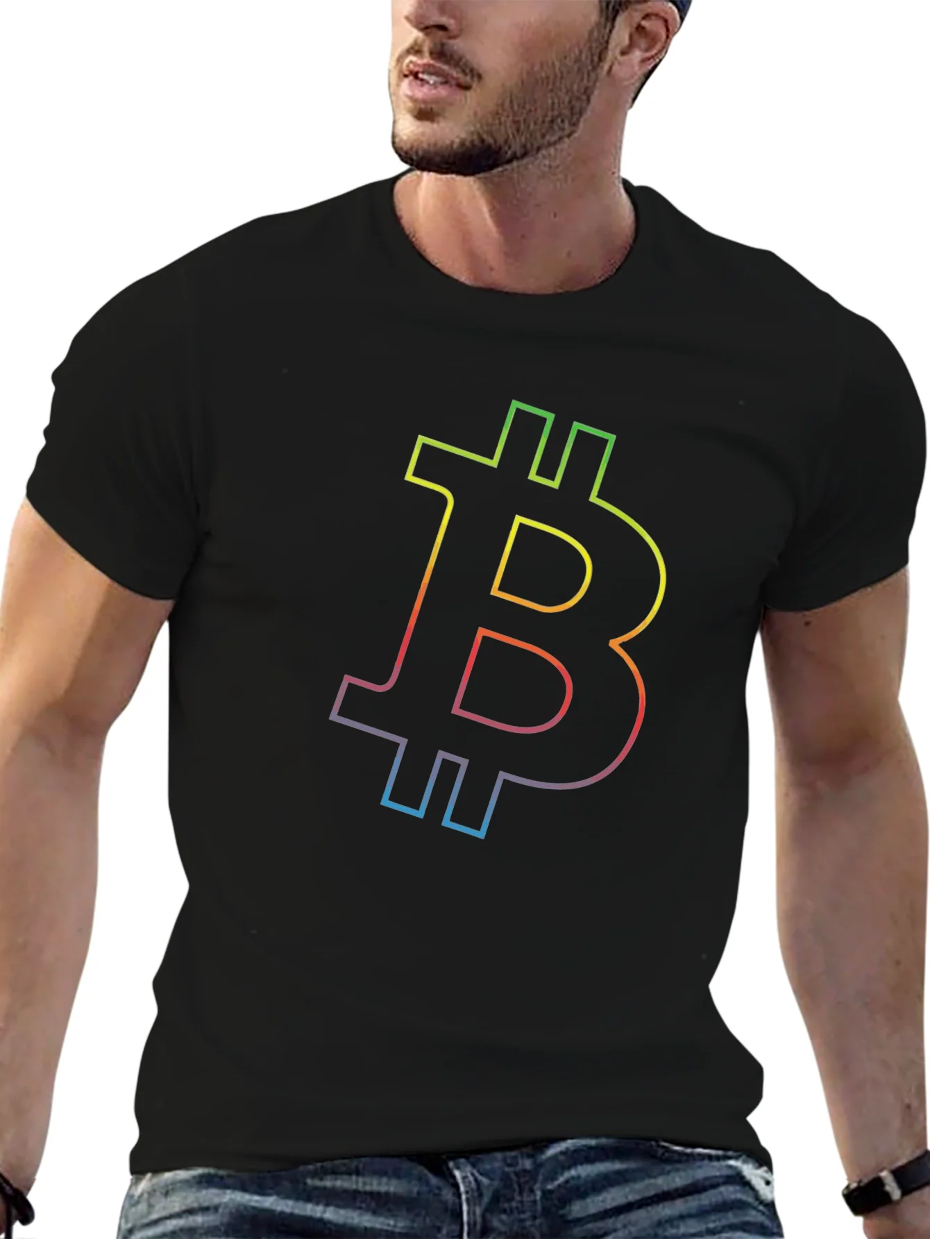 Rebbecca Bitcoin Rainbow Outline Black T-Shirt
