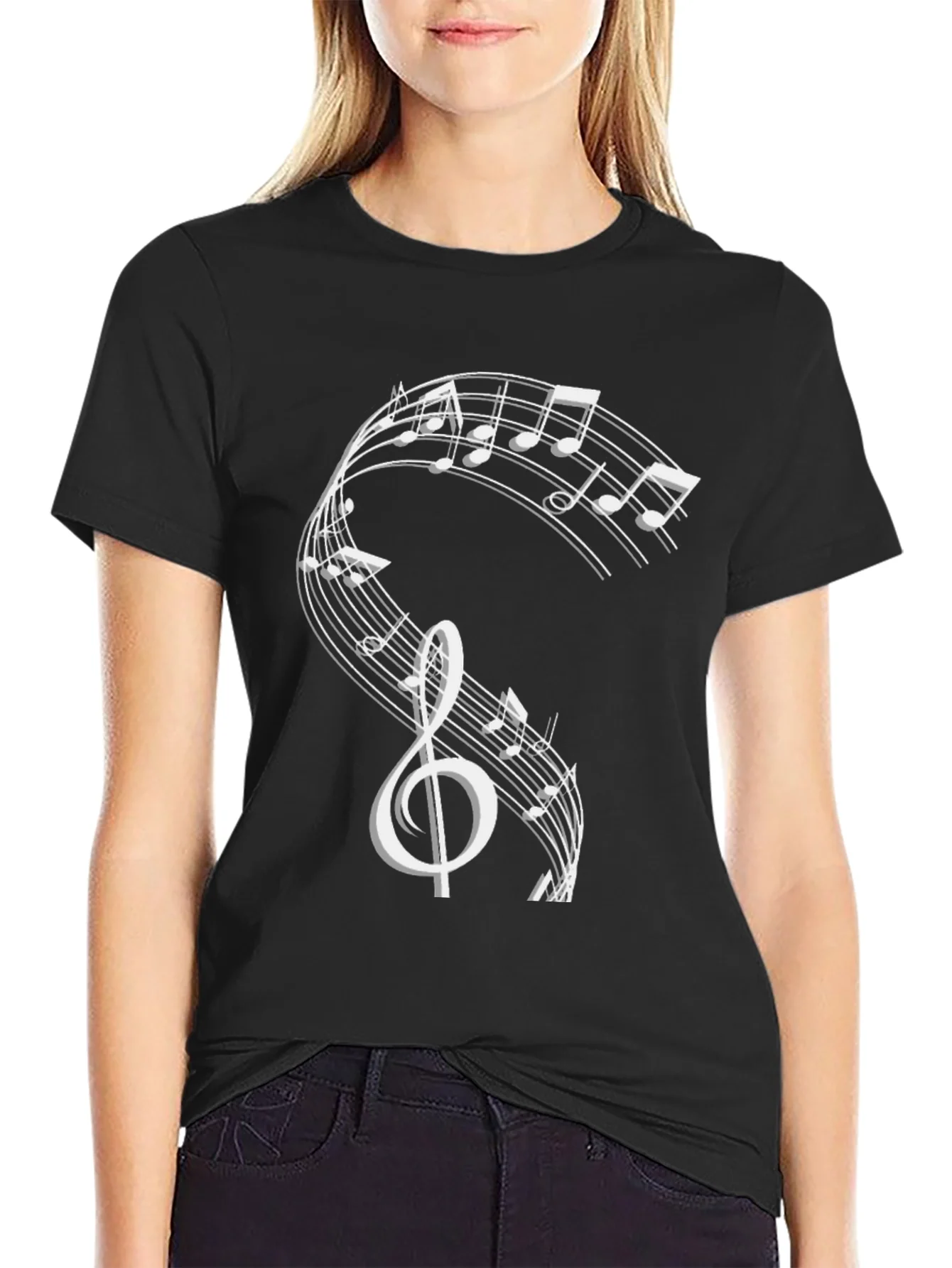 Camiseta Negra con Dise?o de Notas Musicales