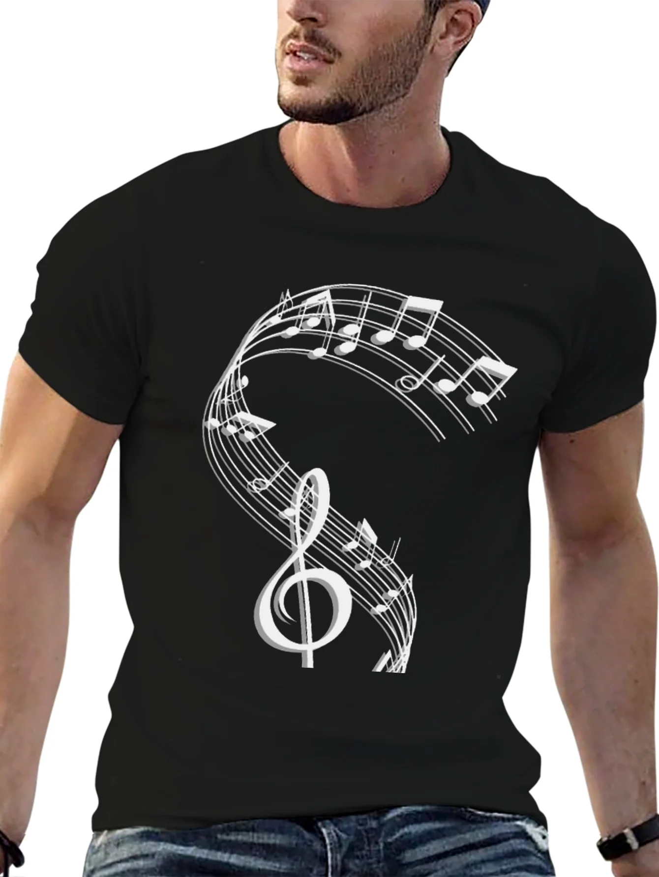 Camiseta Negra con Dise?o de Notas Musicales
