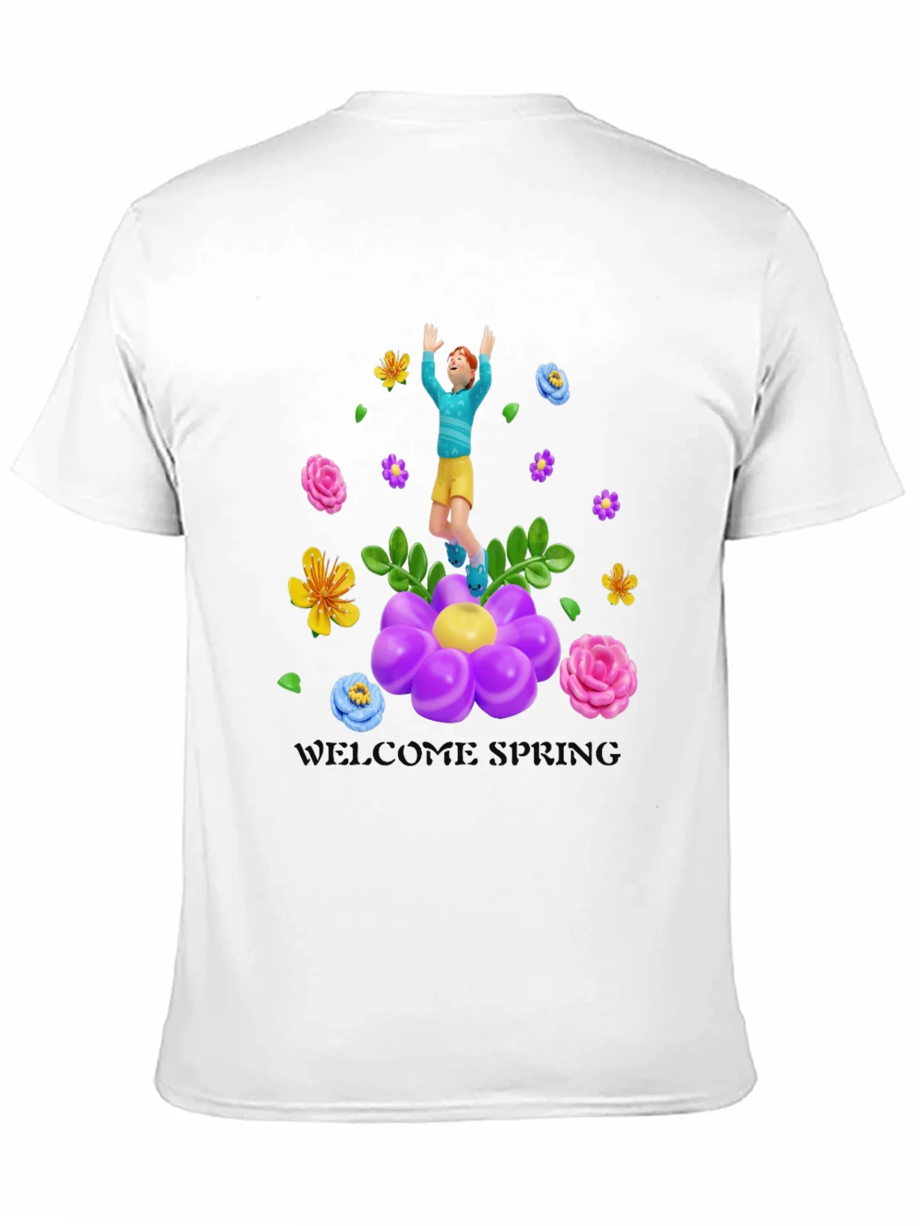 Camiseta Negra con Dise?o Floral y Persona Saltando