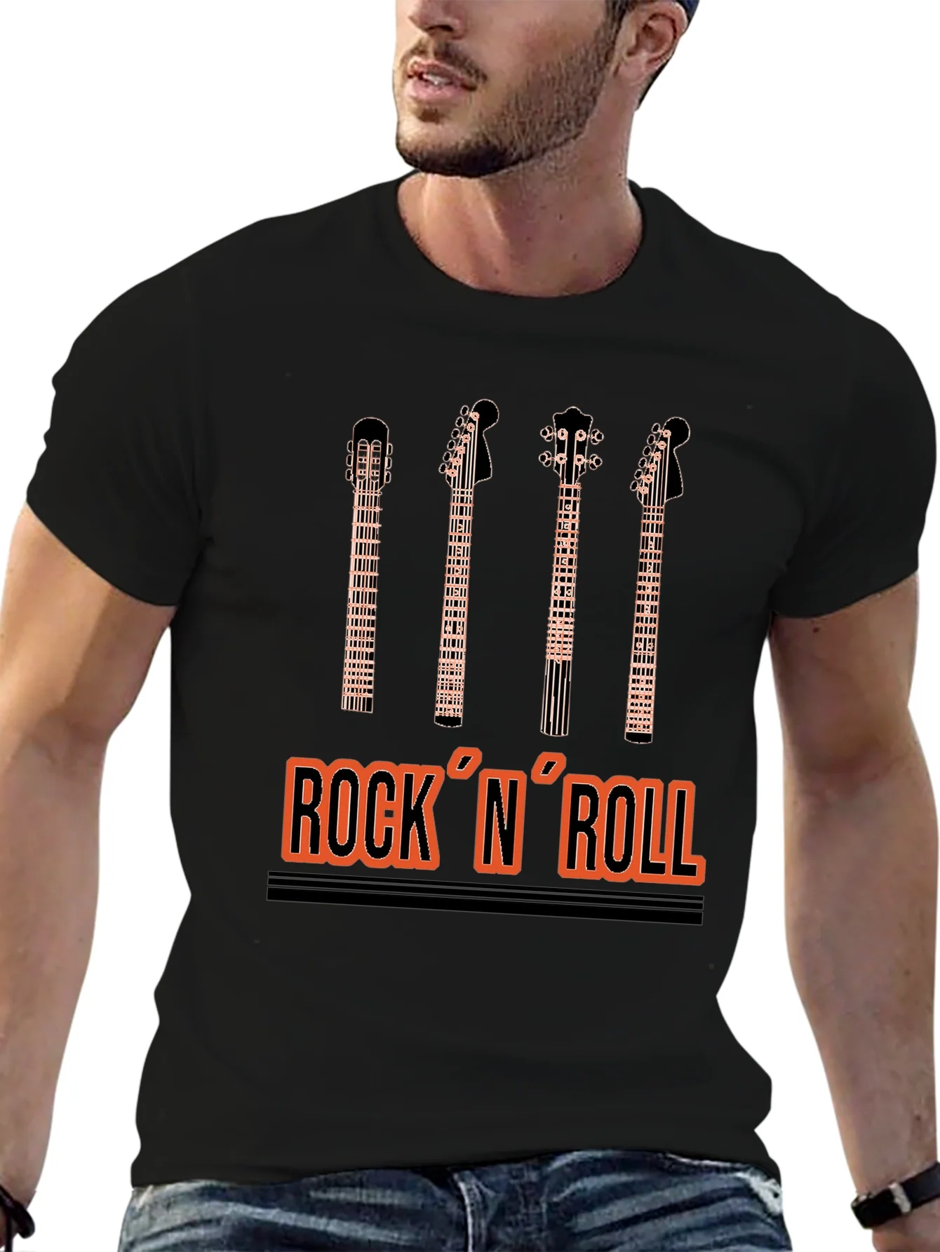 Camiseta Negra Estampado Rock N Roll para Hombre