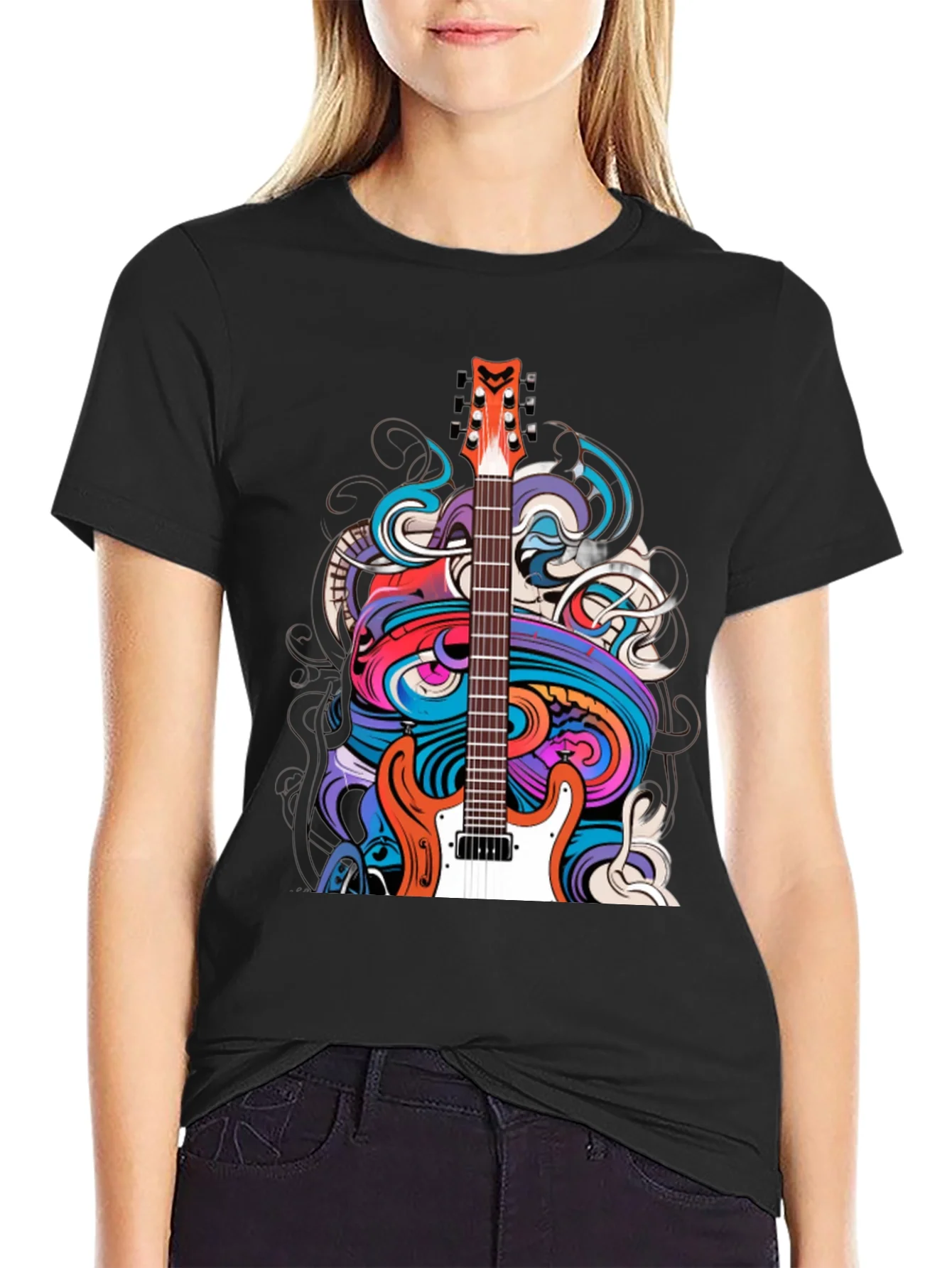 Camiseta Negra con Dise?o de Guitarra Psicod¨¦lica