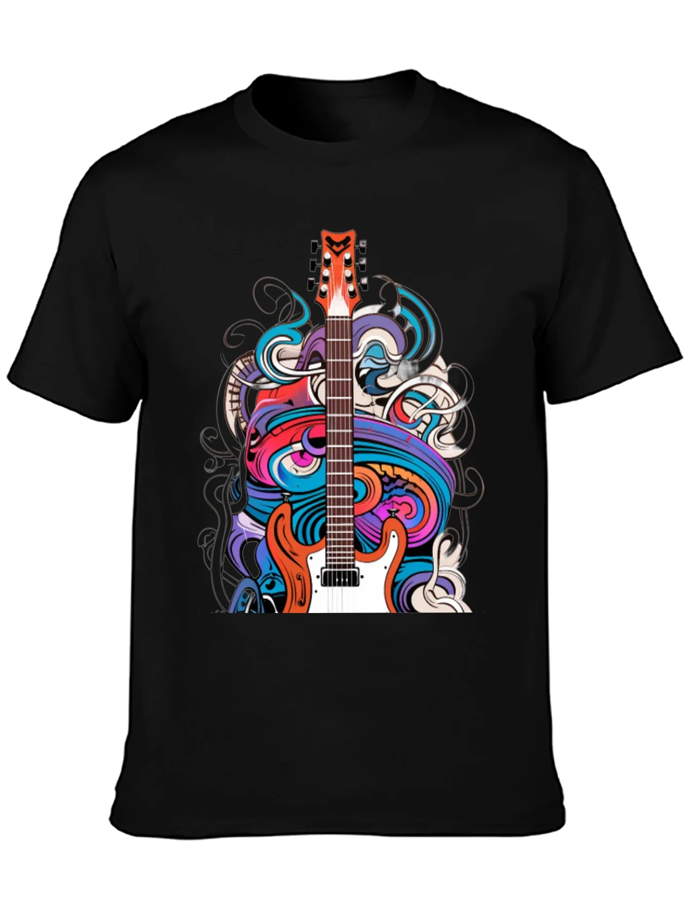 Camiseta Negra con Dise?o de Guitarra Psicod¨¦lica