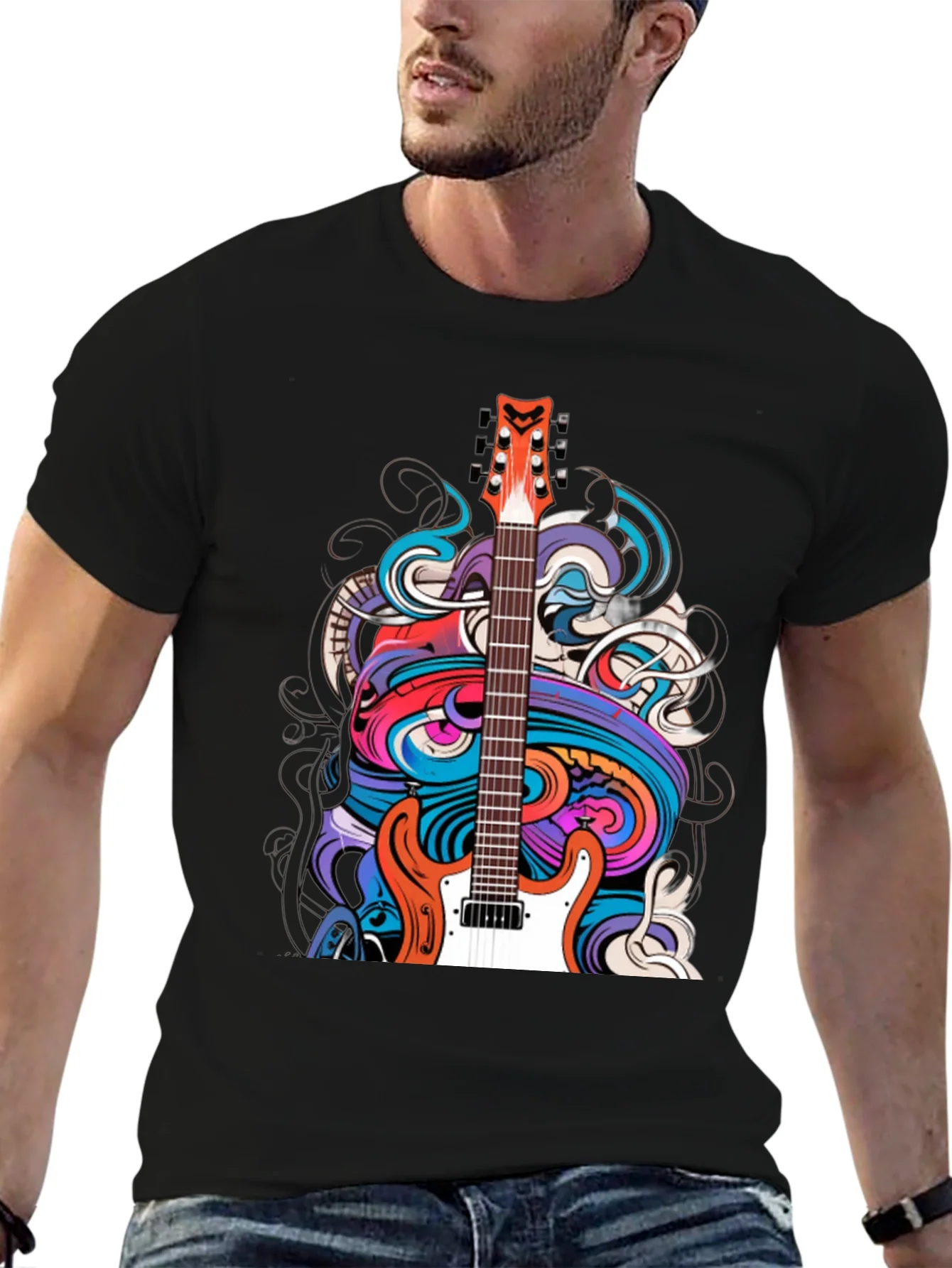Camiseta Negra con Dise?o de Guitarra Psicod¨¦lica