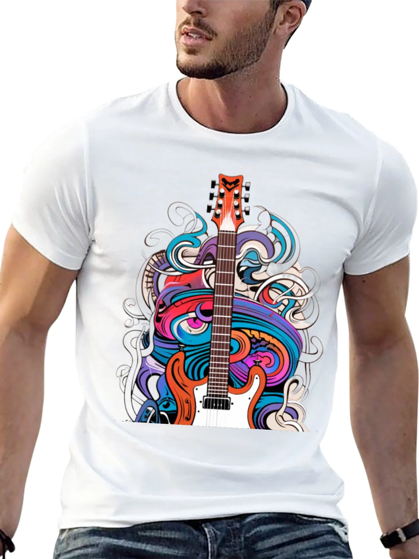 Camiseta Negra con Dise?o de Guitarra Psicod¨¦lica