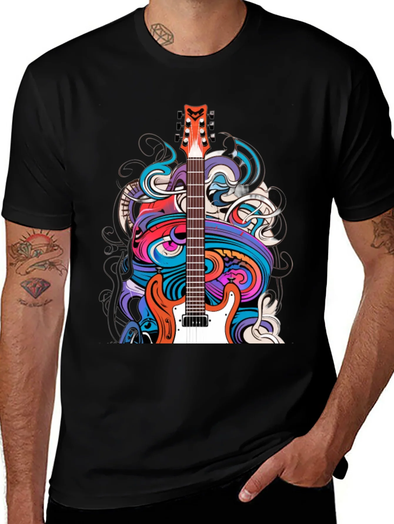 Camiseta Negra con Dise?o de Guitarra Psicod¨¦lica