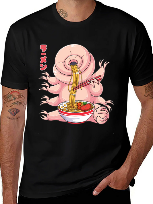 Camiseta Negra con Dise?o Divertido de Oso de Agua Comiendo Ramen