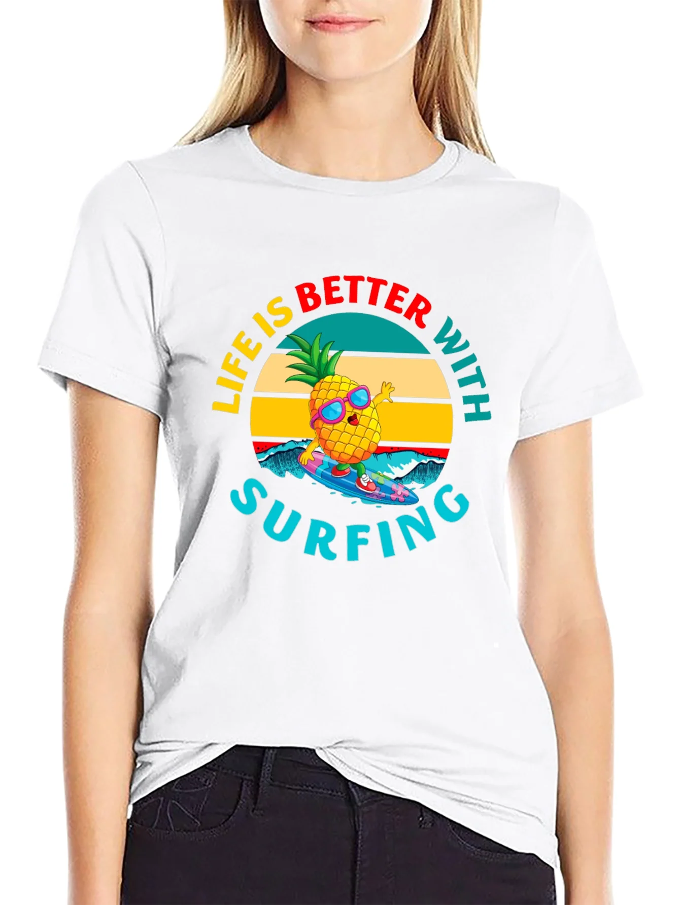 Rebbecca Life is Better with Surfing Pineapple Graphic Tee