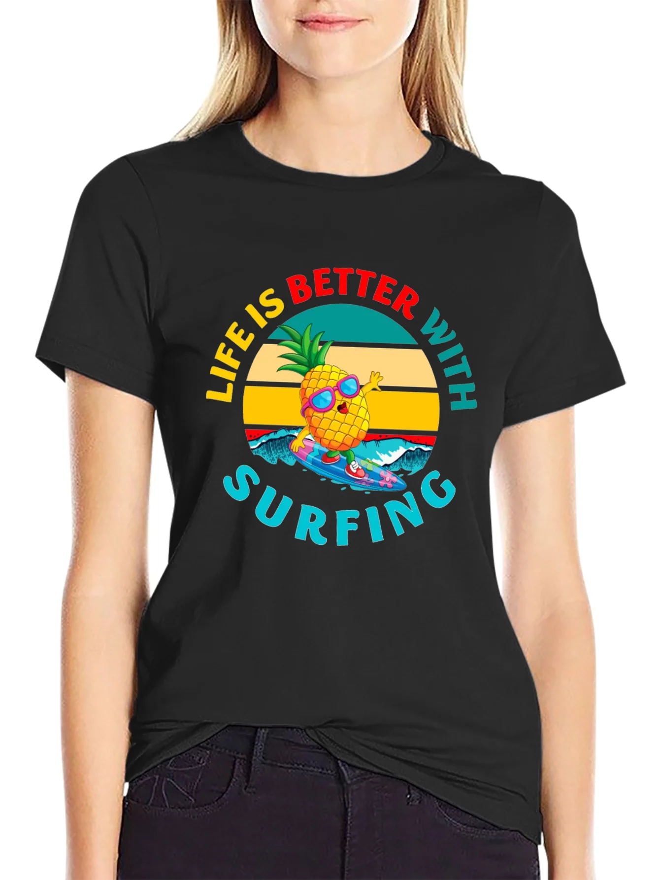 Rebbecca Life is Better with Surfing Pineapple Graphic Tee