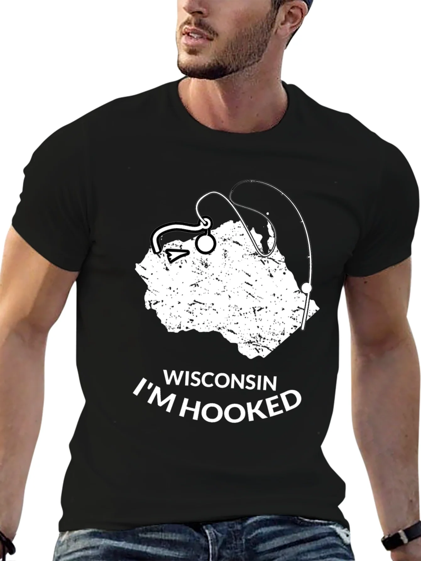 Camiseta Negra Wisconsin Im Hooked para Hombre