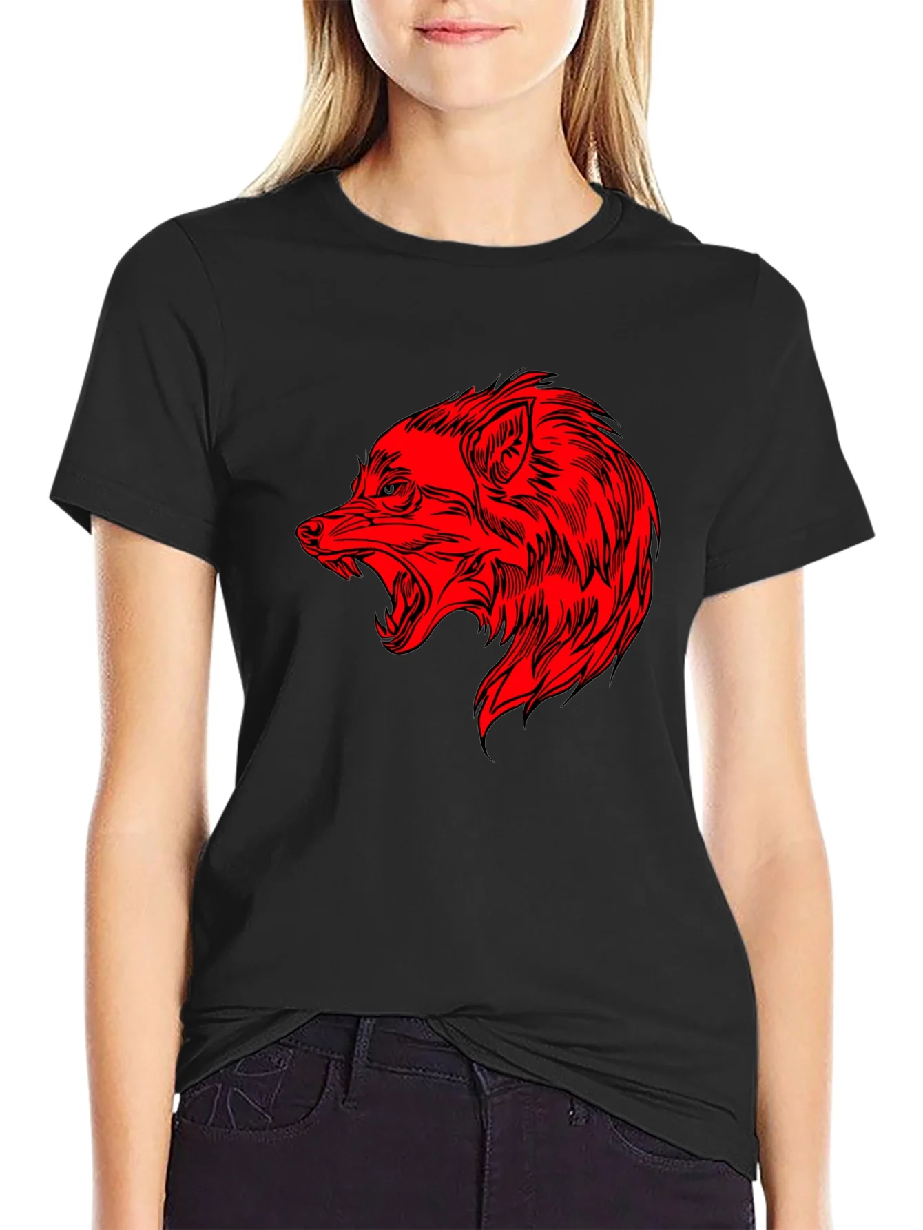 Rebbecca Mens Black T-Shirt with Red Wolf Graphic