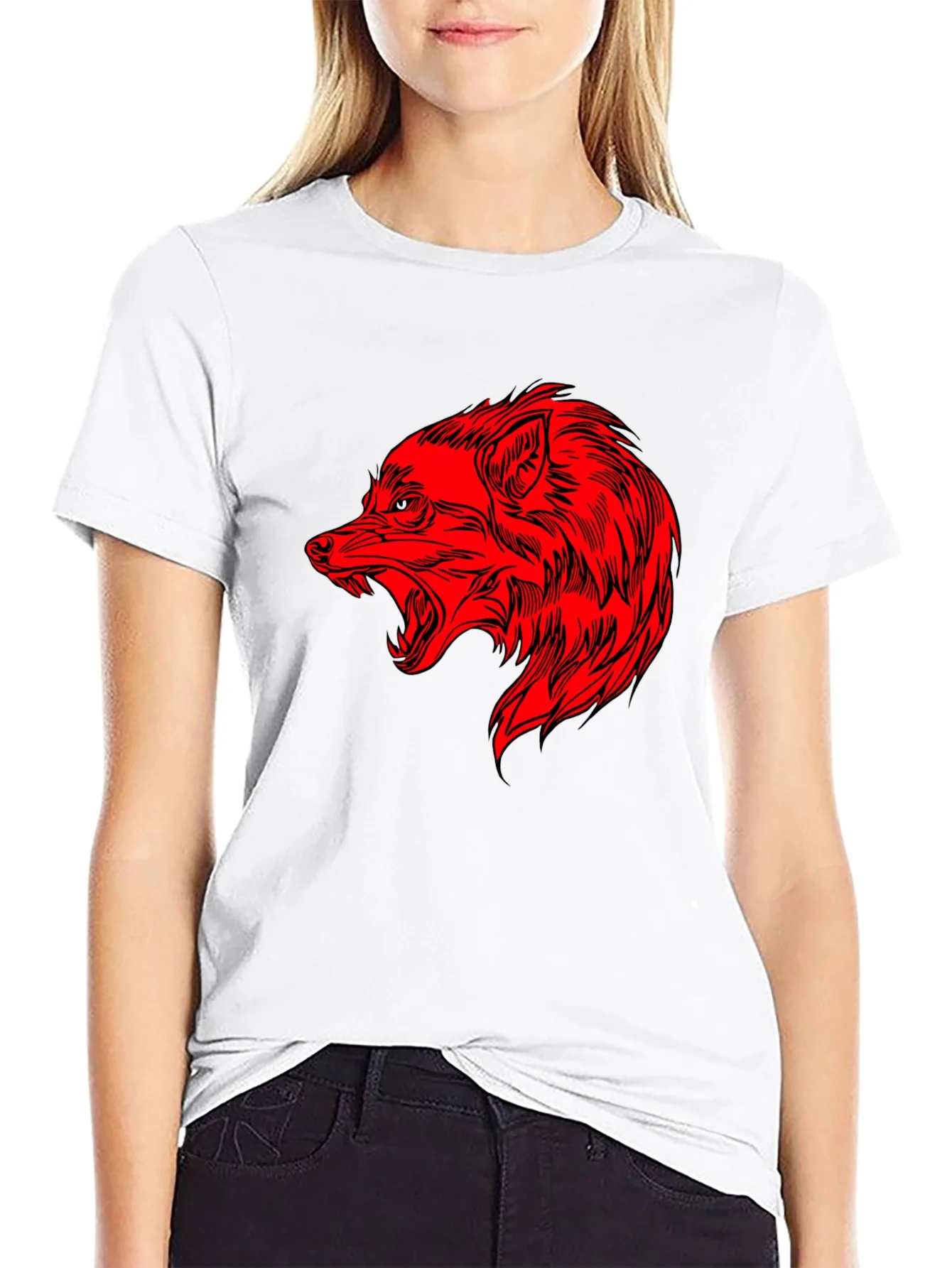 Rebbecca Mens Black T-Shirt with Red Wolf Graphic