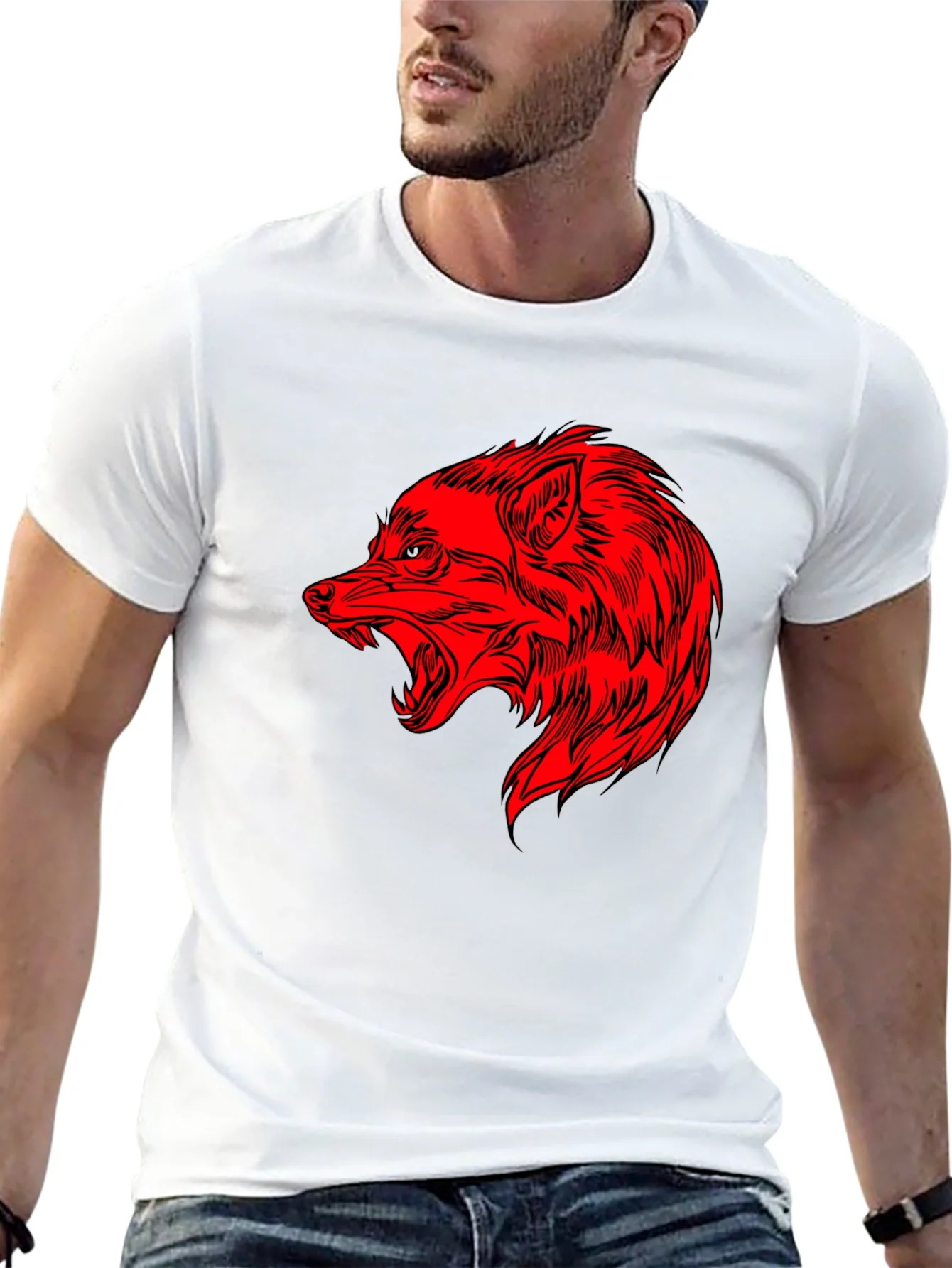 Rebbecca Mens Black T-Shirt with Red Wolf Graphic