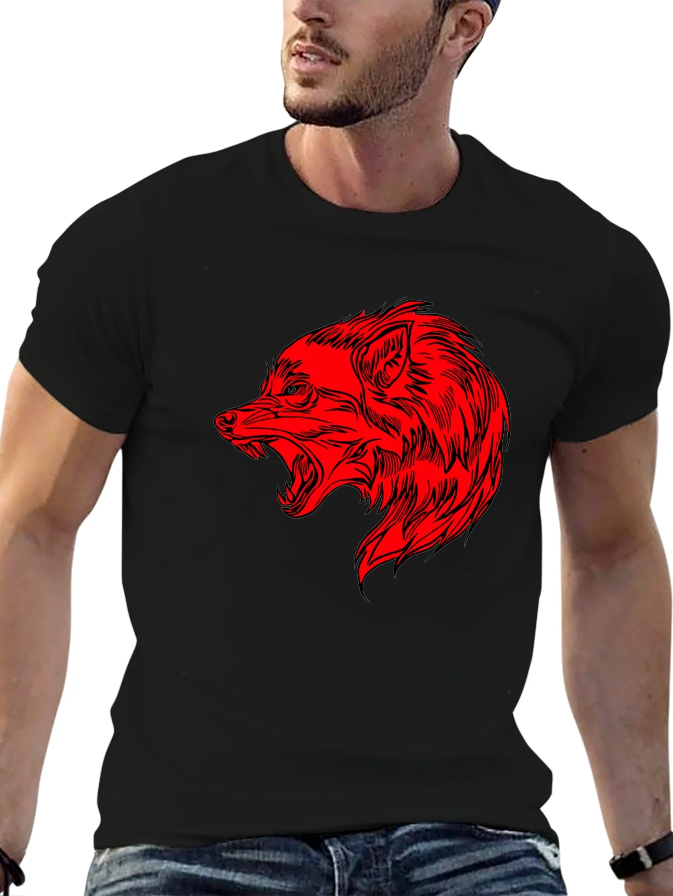 Rebbecca Mens Black T-Shirt with Red Wolf Graphic