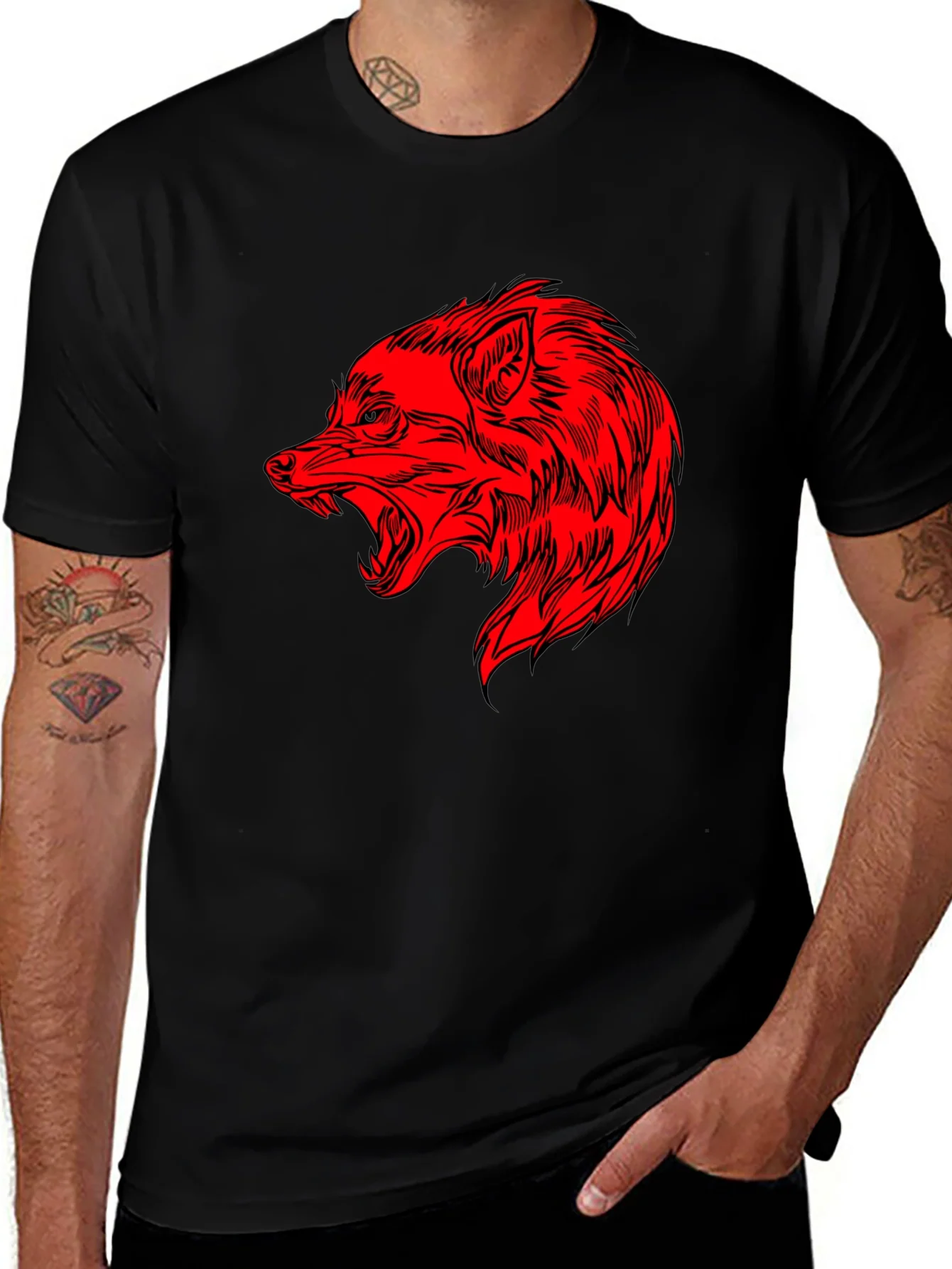 Rebbecca Mens Black T-Shirt with Red Wolf Graphic